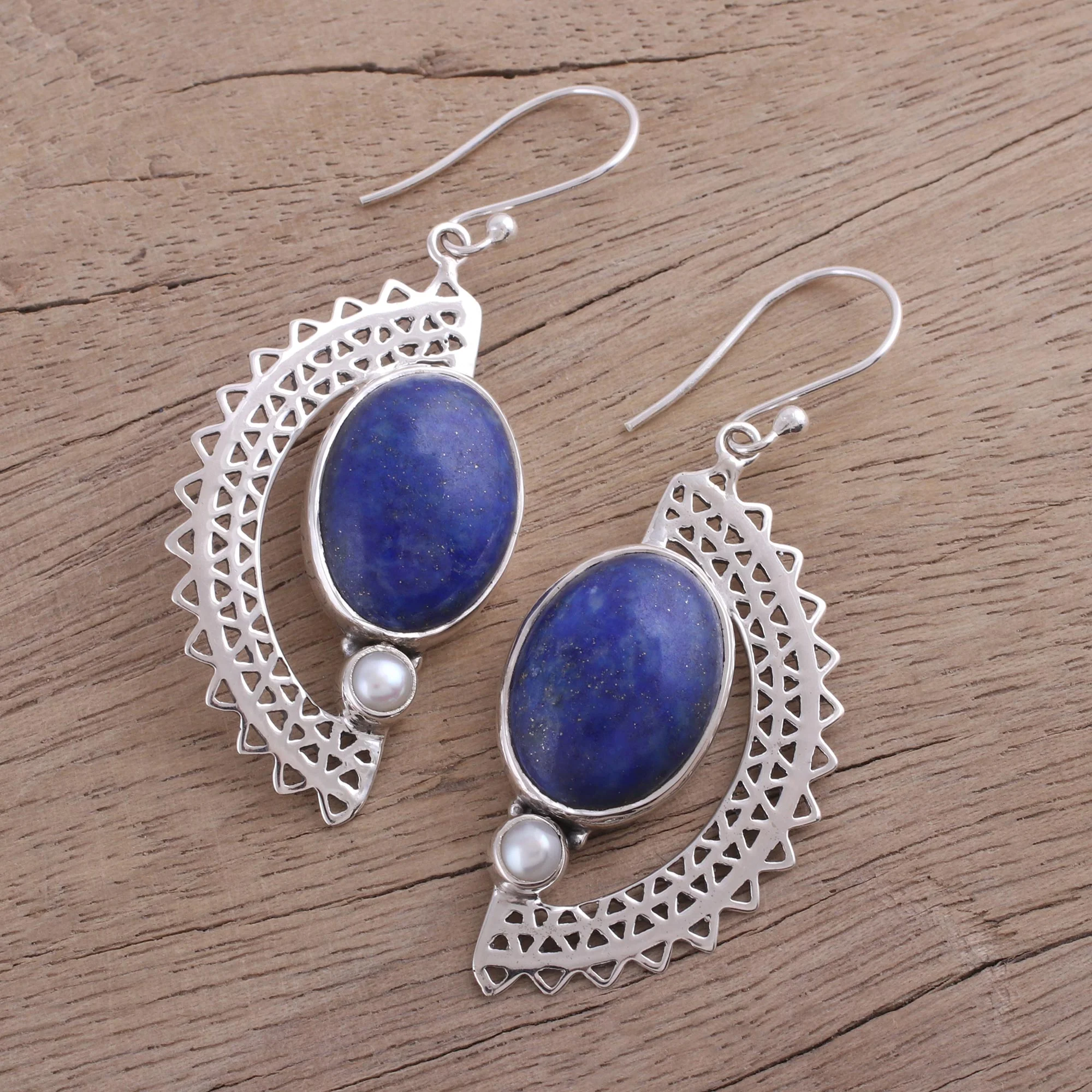 Sun Ray Crescents Lapis Lazuli and Pearl Crescent Dangle Earrings from India - Image 4