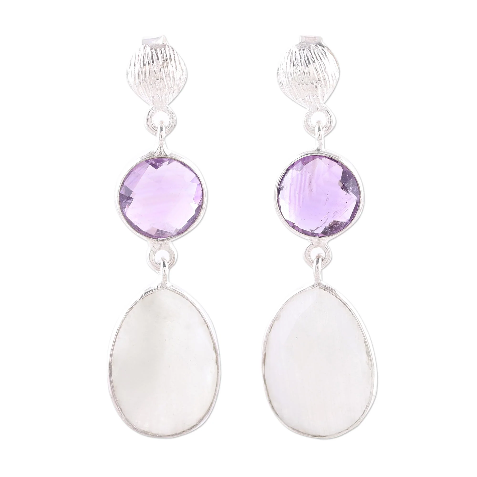 Sundown Mist Rainbow Moonstone Amethyst Sterling Silver Dangle Earrings - Image 2