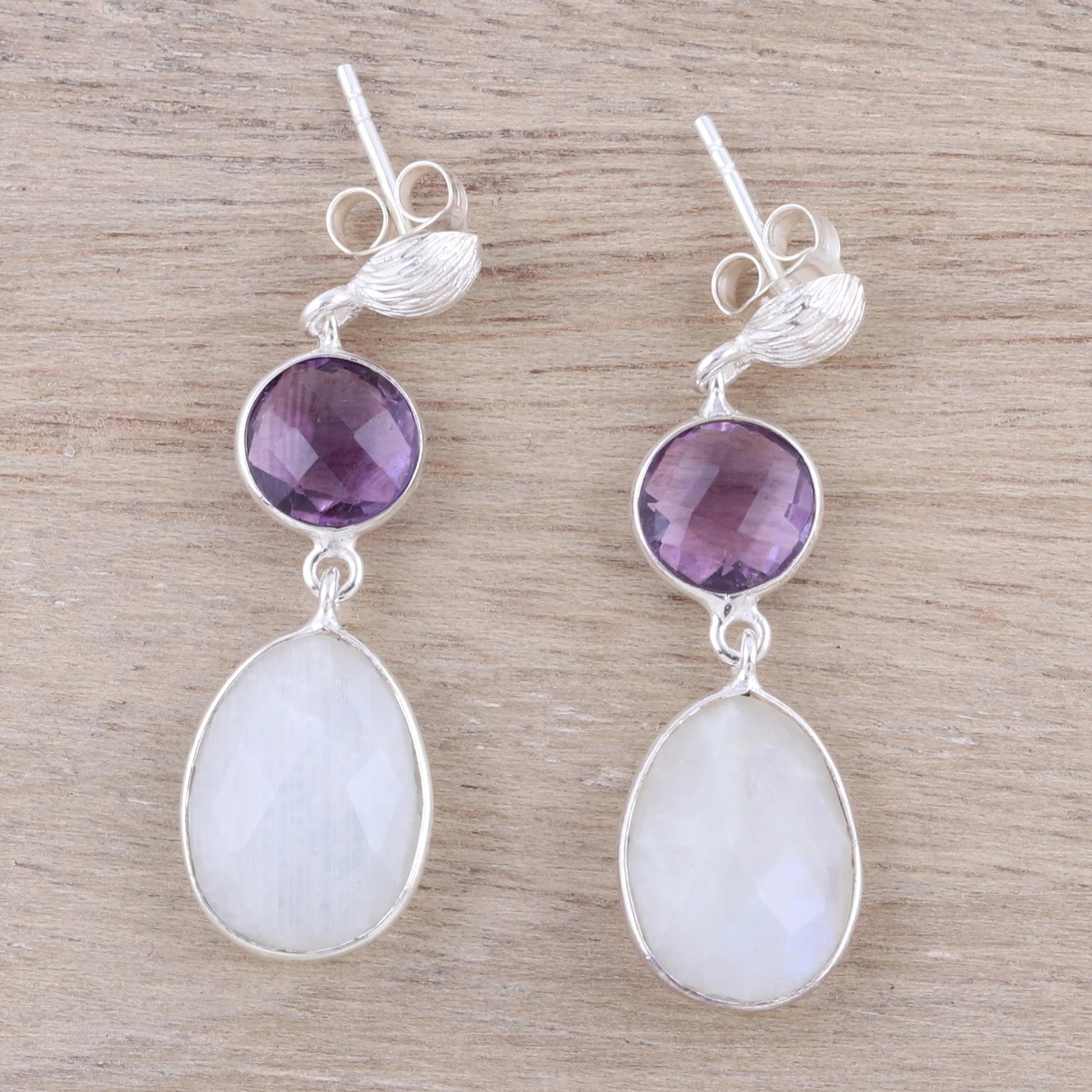 Sundown Mist Rainbow Moonstone Amethyst Sterling Silver Dangle Earrings - Image 3
