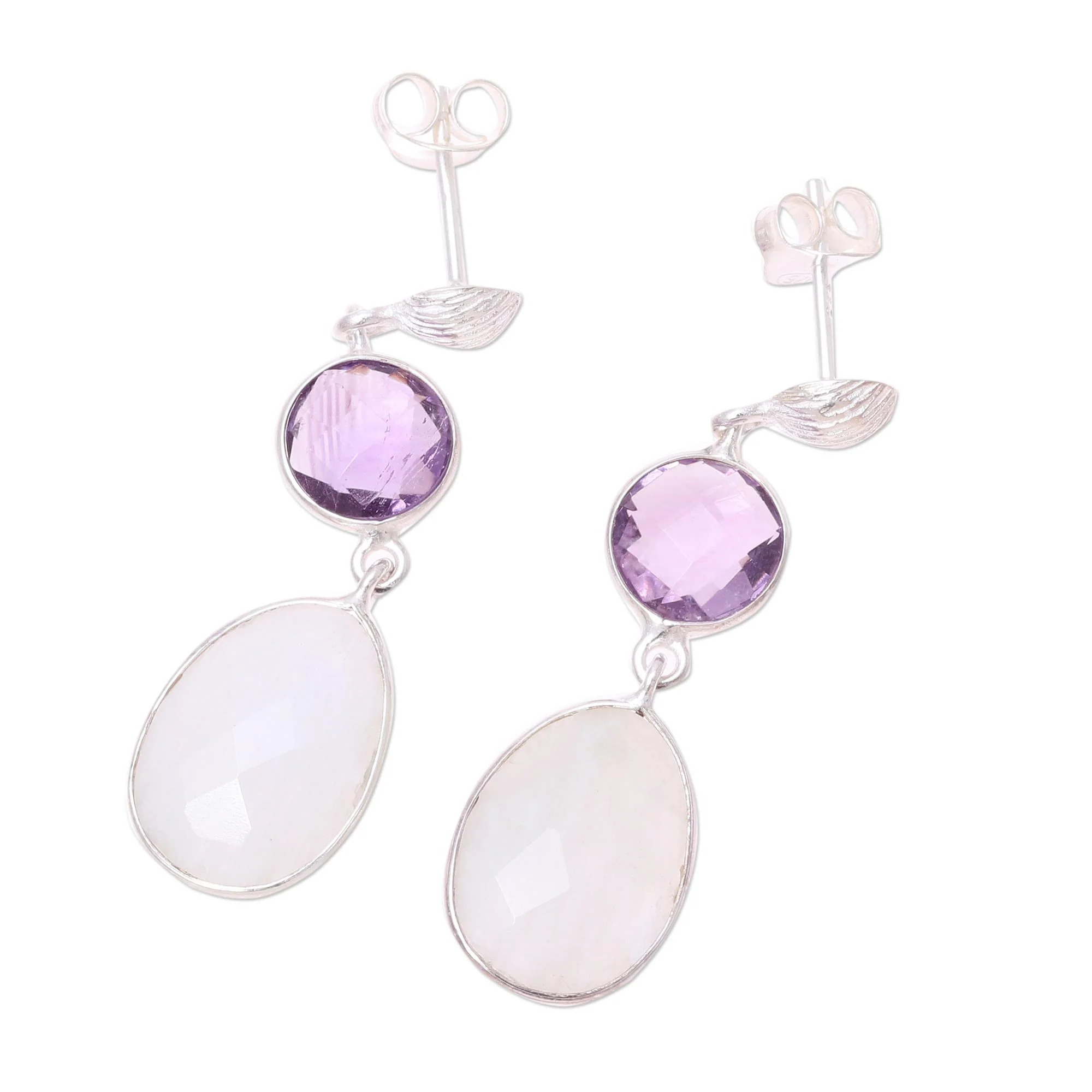 Sundown Mist Rainbow Moonstone Amethyst Sterling Silver Dangle Earrings - Image 4
