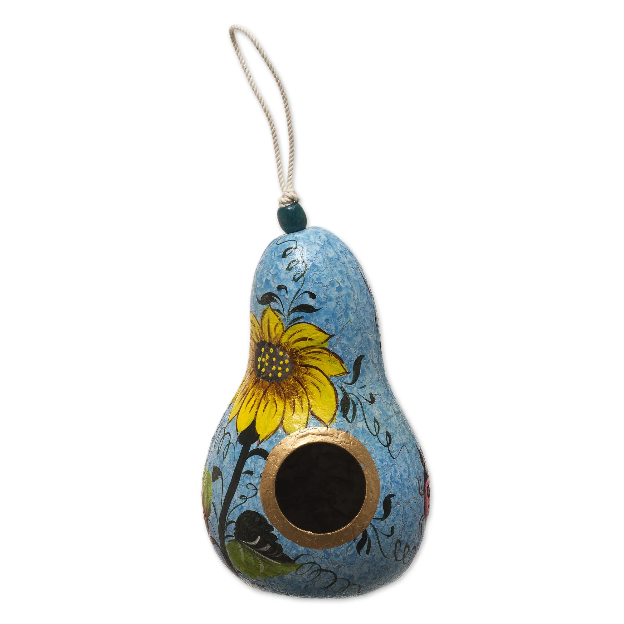 Sunflower and Sky Hand Painted Dried Gourd Birdhouse - Image 2