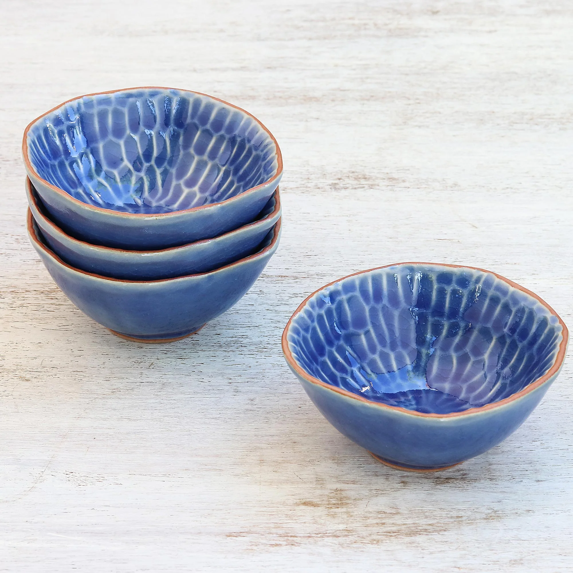 Sunflower Dream Blue Ceramic Appetizer Bowls from Thailand (Set of 4) - Image 3