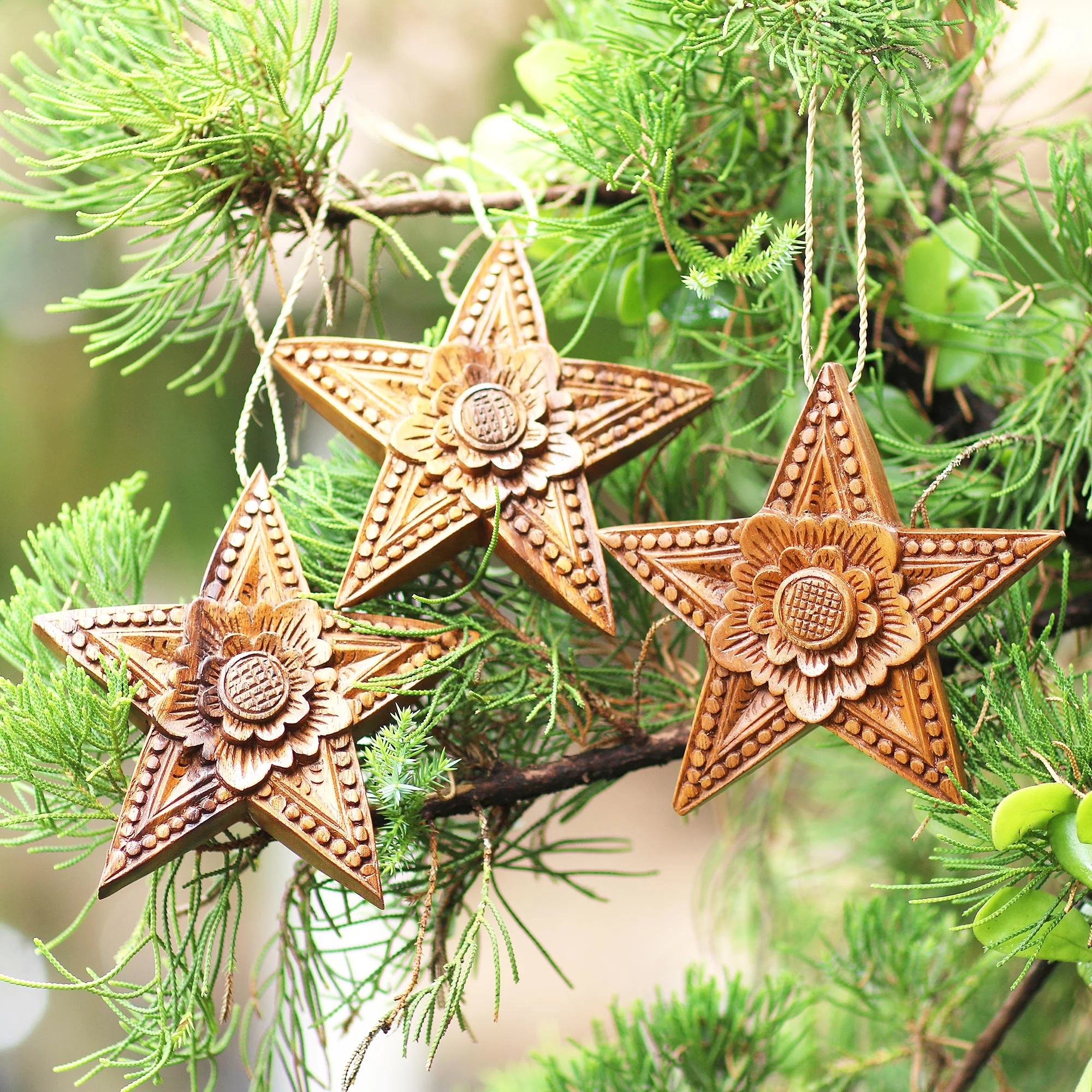 Sunny Christmas Hand Carved Star-Shaped Holiday Ornaments (Set of 3 - Image 3