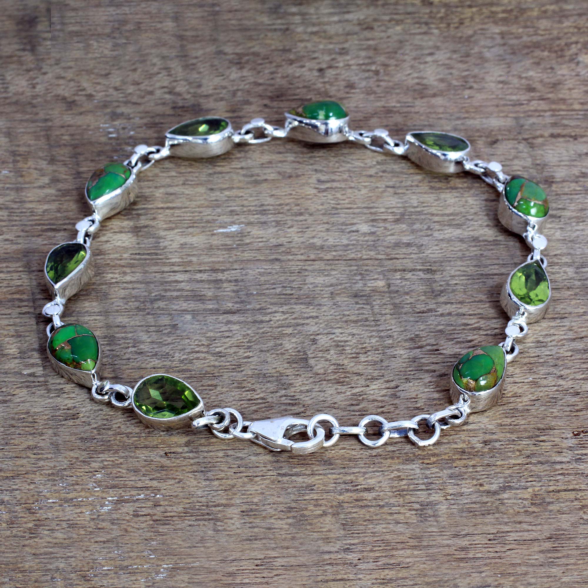 Sunny Drops in Green Peridot Composite Turquoise Link Bracelet from India - Image 3