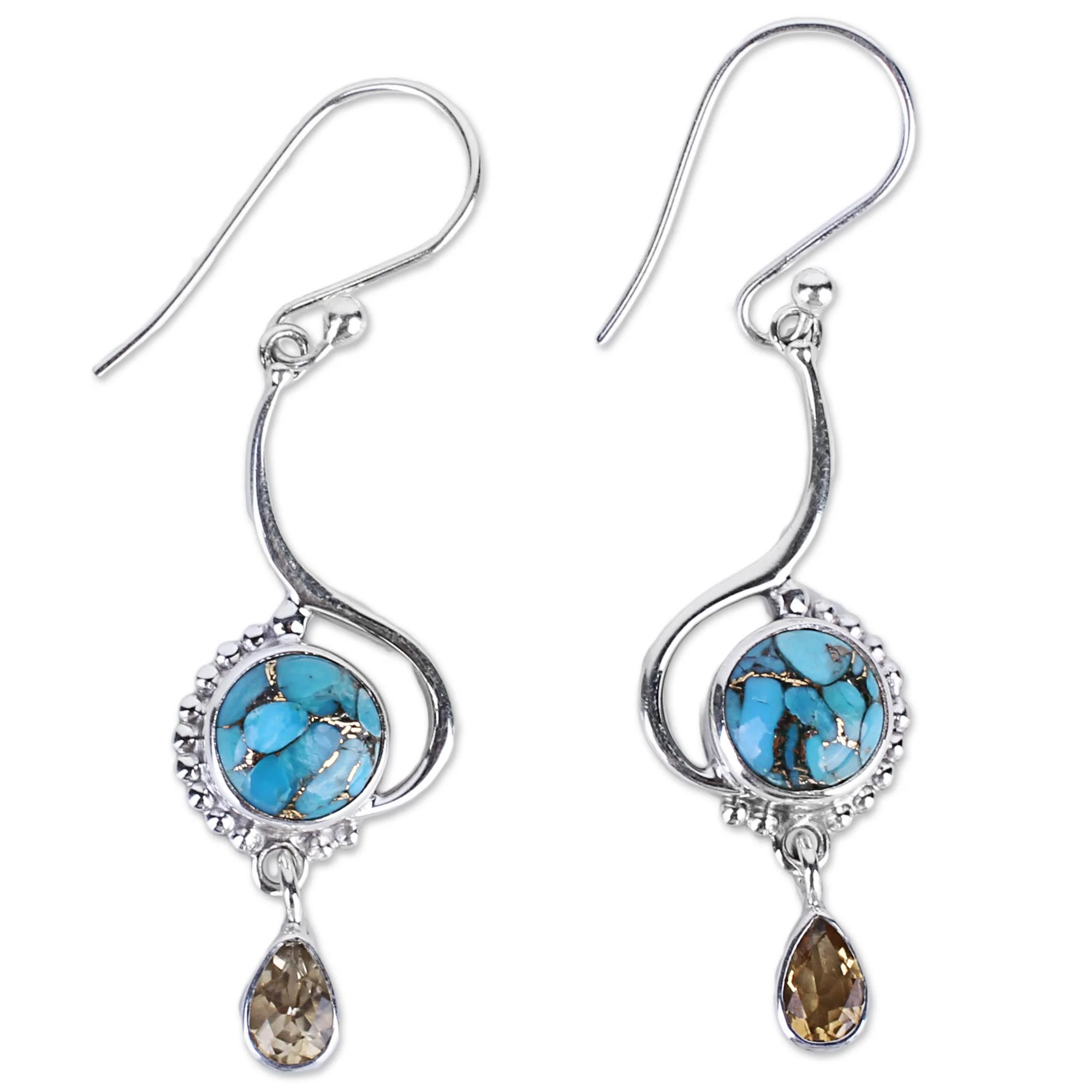 Sunny Splendor Sterling Silver Composite Turquoise Dangle Earrings India - Image 2