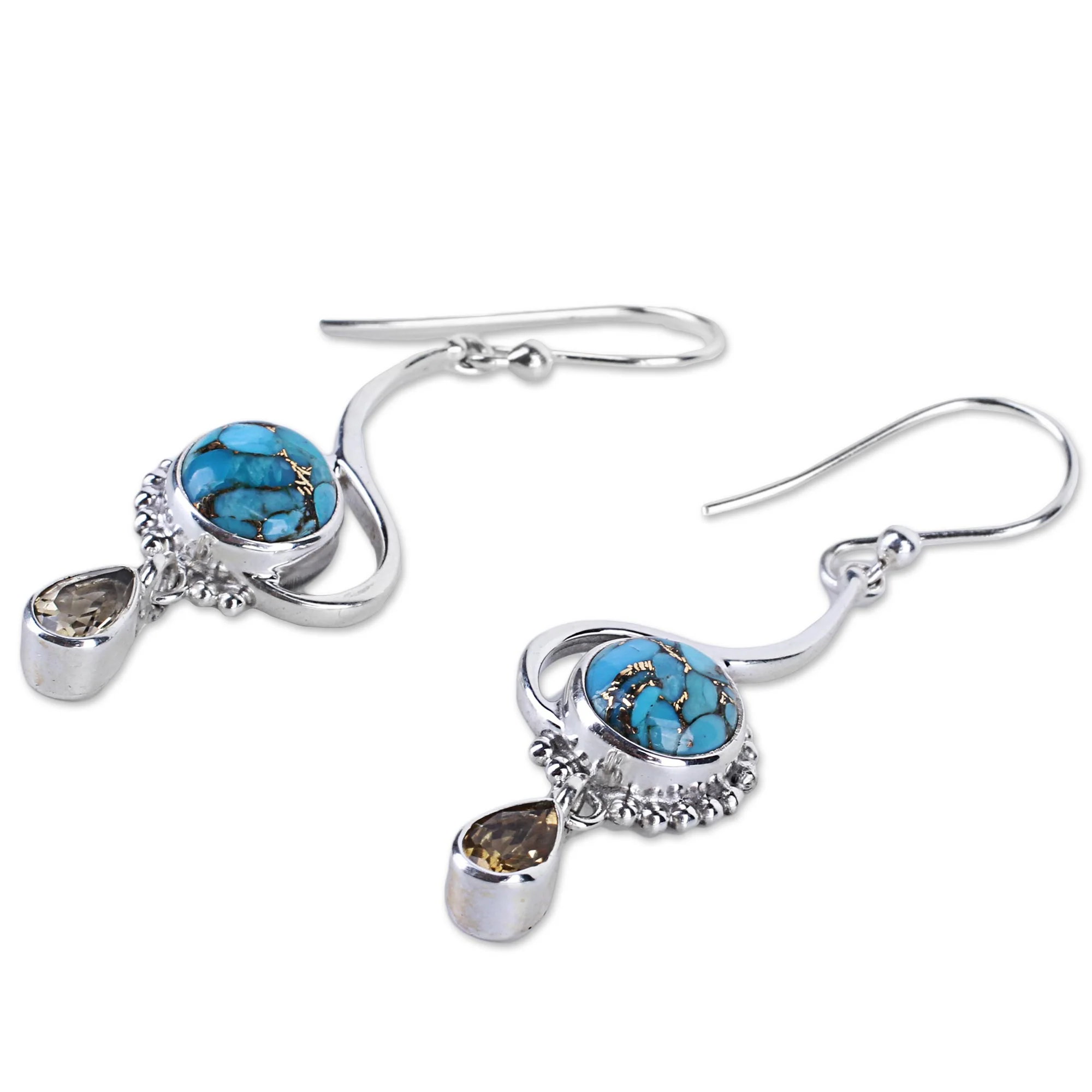 Sunny Splendor Sterling Silver Composite Turquoise Dangle Earrings India - Image 3