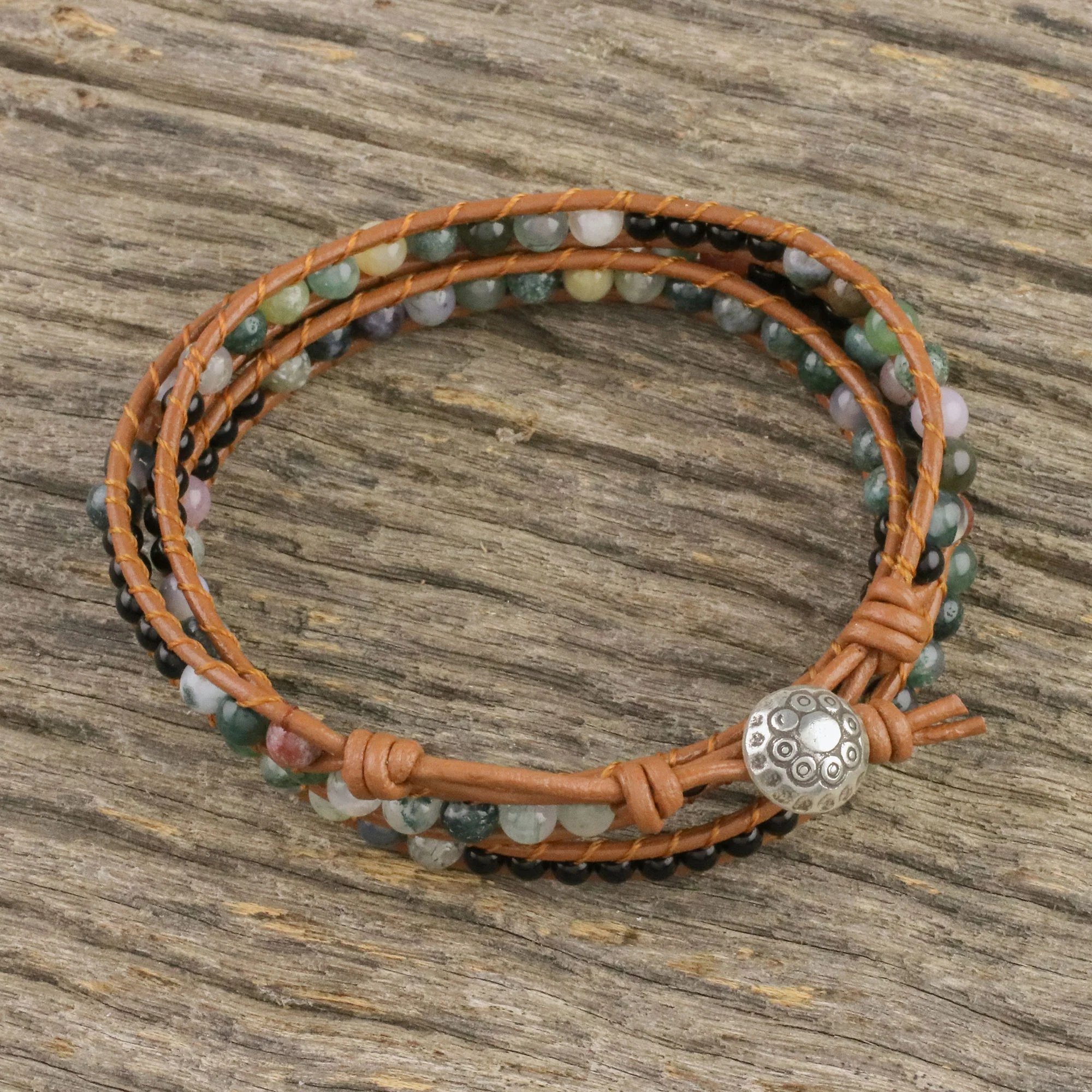 Sunset Fields Moss Agate and Onyx Beaded Leather Cord Wrap Bracelet - Image 3