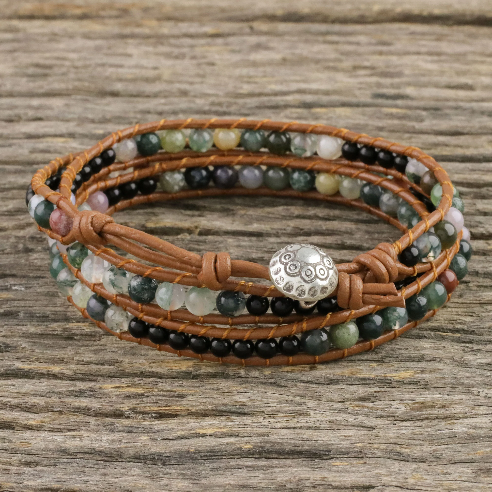 Sunset Fields Moss Agate and Onyx Beaded Leather Cord Wrap Bracelet - Image 4