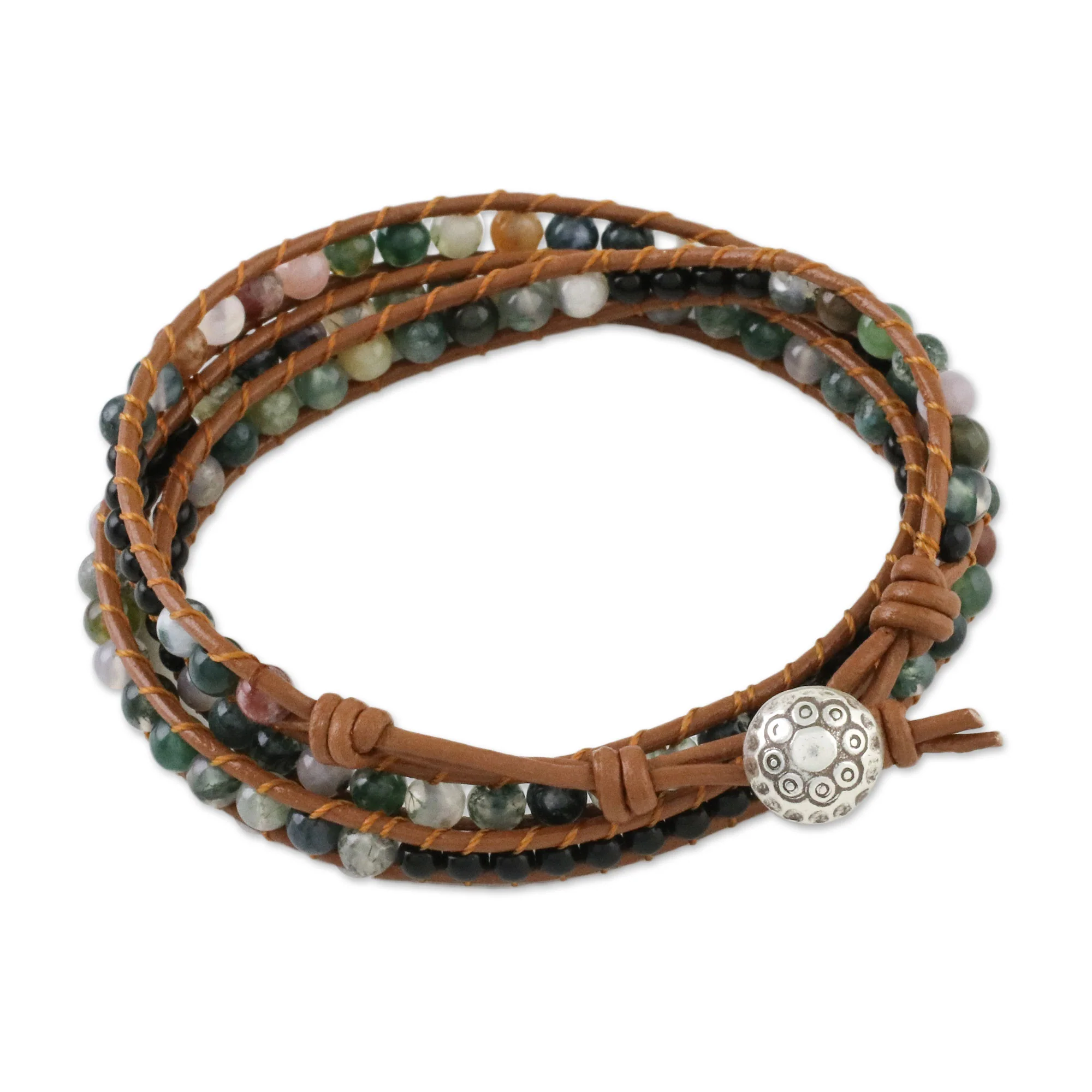 Sunset Fields Moss Agate and Onyx Beaded Leather Cord Wrap Bracelet - Image 5