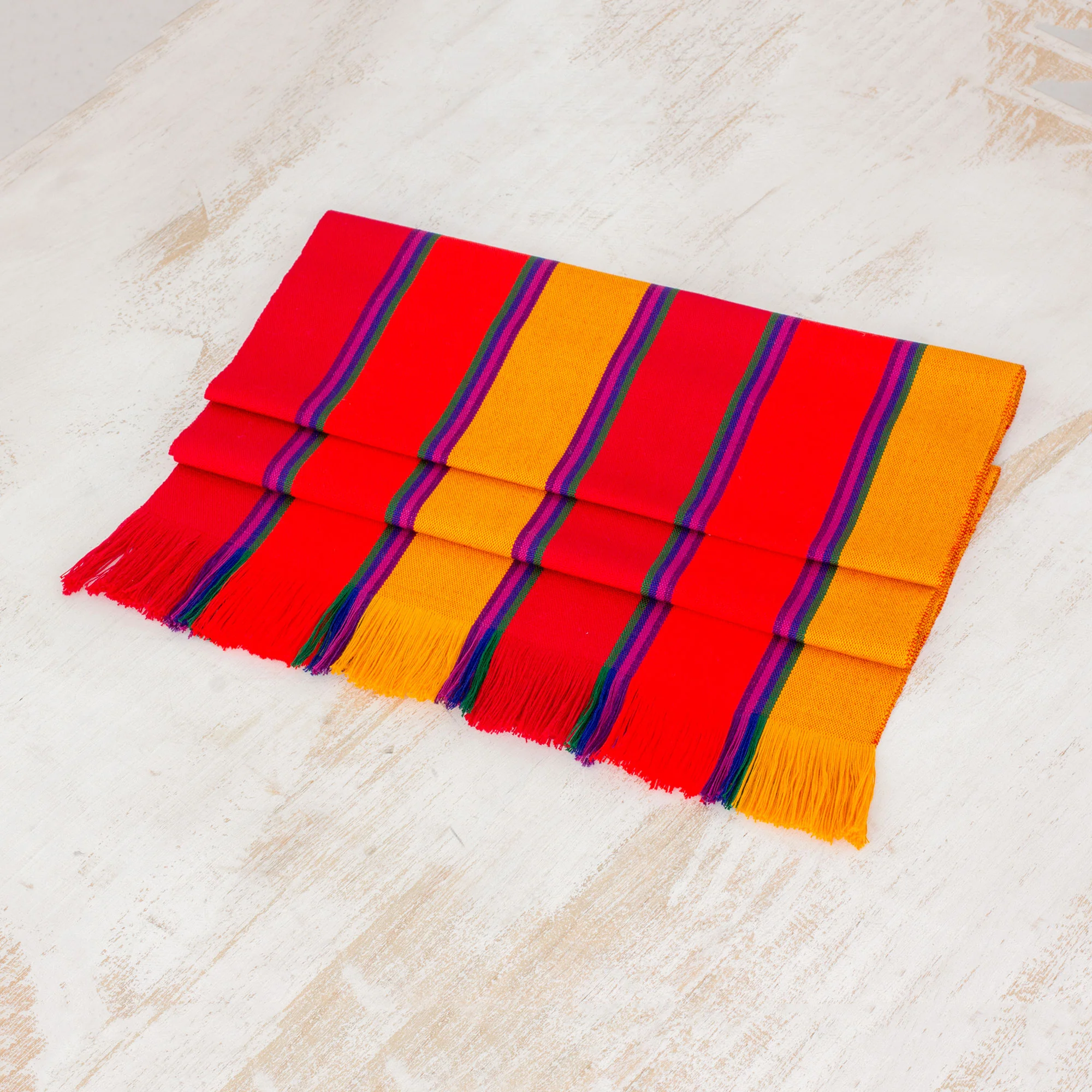 Sunset Glory Multicolor Striped Cotton Table Runner from Guatemala - Image 3