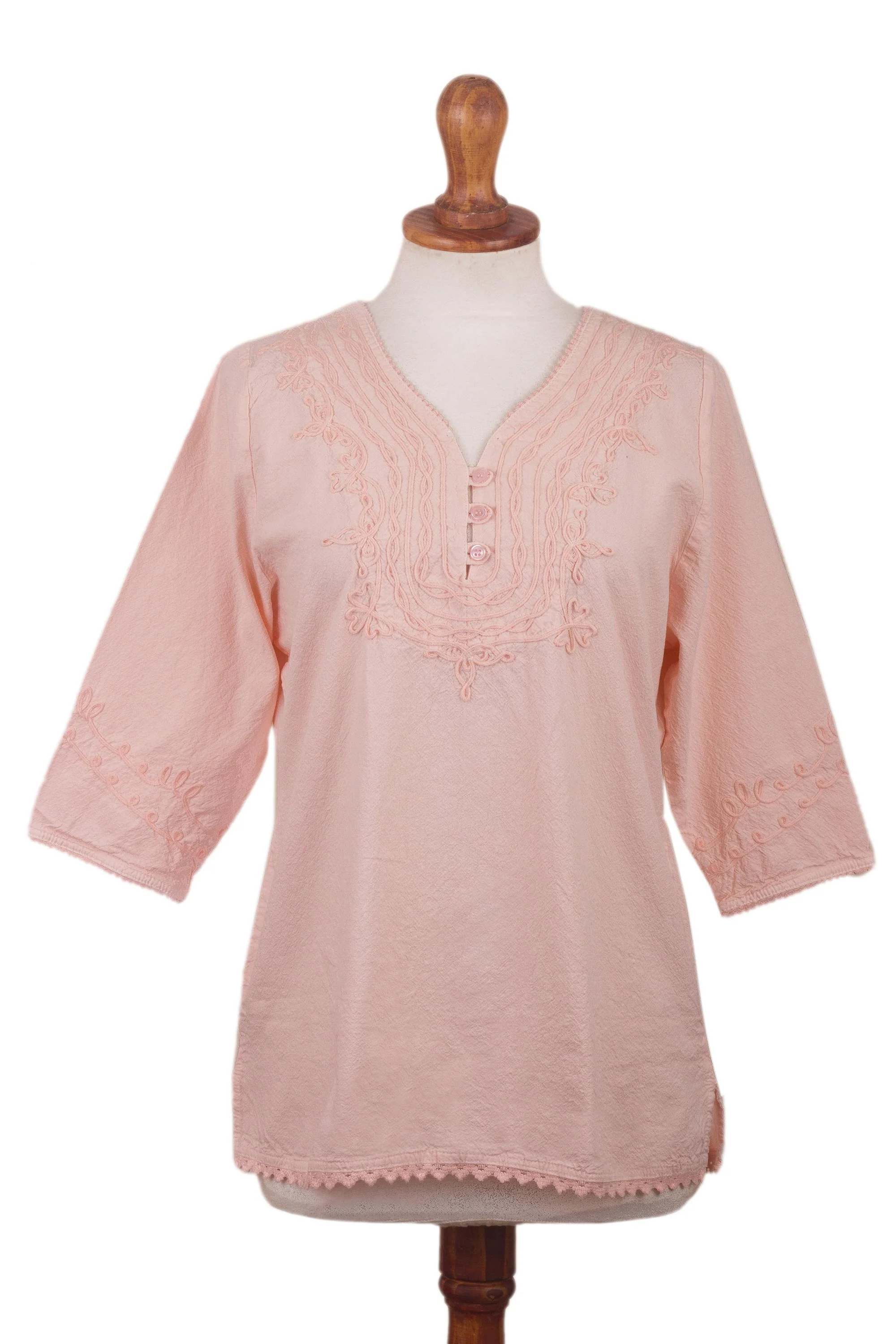 Sunset in Lima Pale Melon Orange Embroidered Cotton Tunic Top from Peru - Image 2