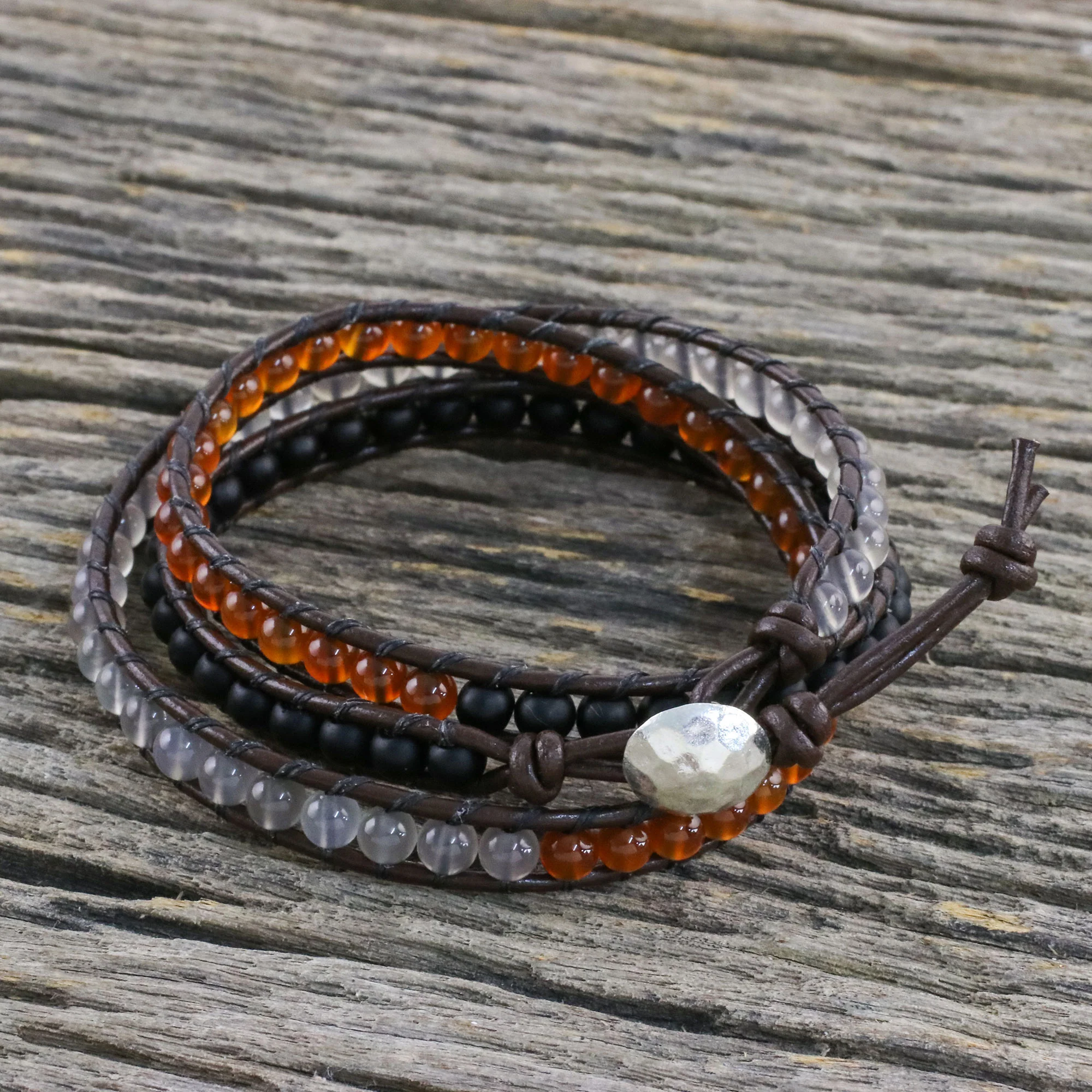 Sunset Wanderlust Unisex Leather and Multi-Gemstone Beaded Wrap Bracelet - Image 3
