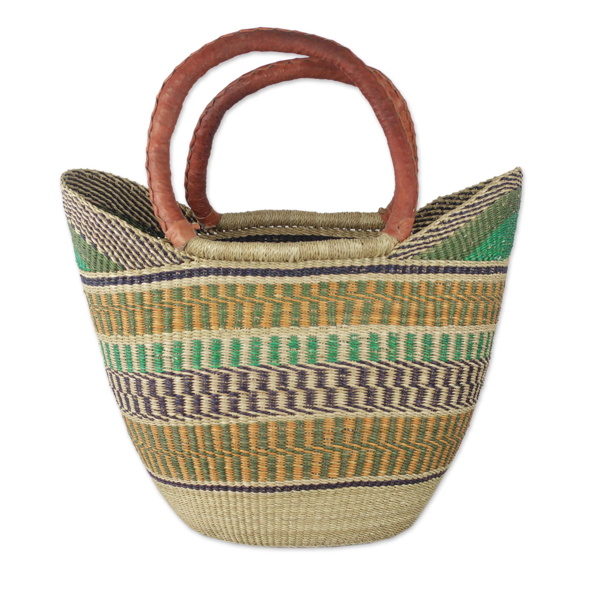 Supper Basket Hand Woven Raffia Natural Fiber Tote with Leather Strap - Image 2