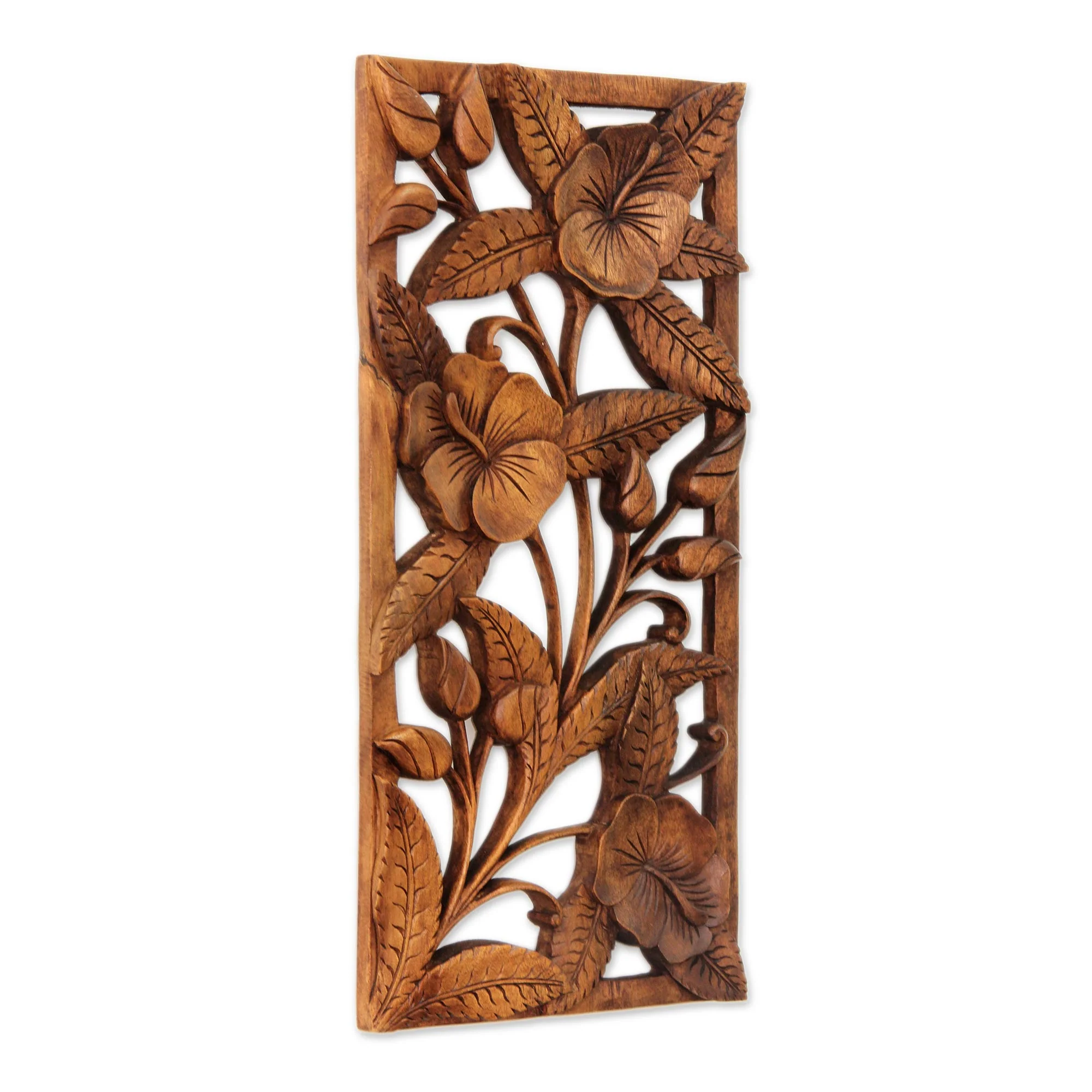 Sweet Balinese Hibiscus Artisan Crafted Floral Wood Relief Panel - Image 3