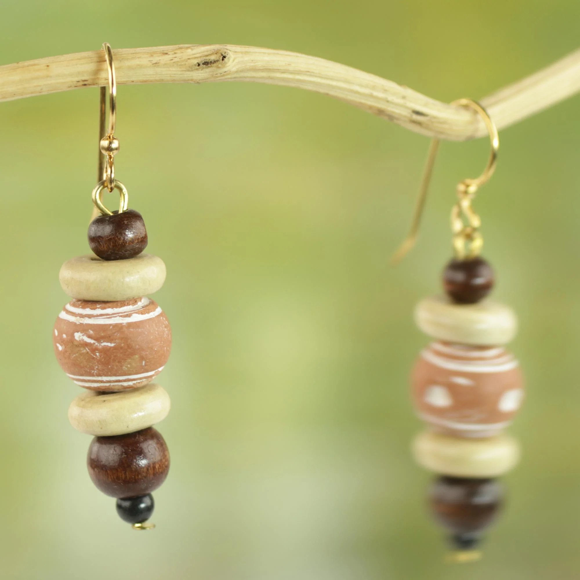 Sweet Beads Sese Wood and Ceramic Dangle Earrings from Ghana - Image 3