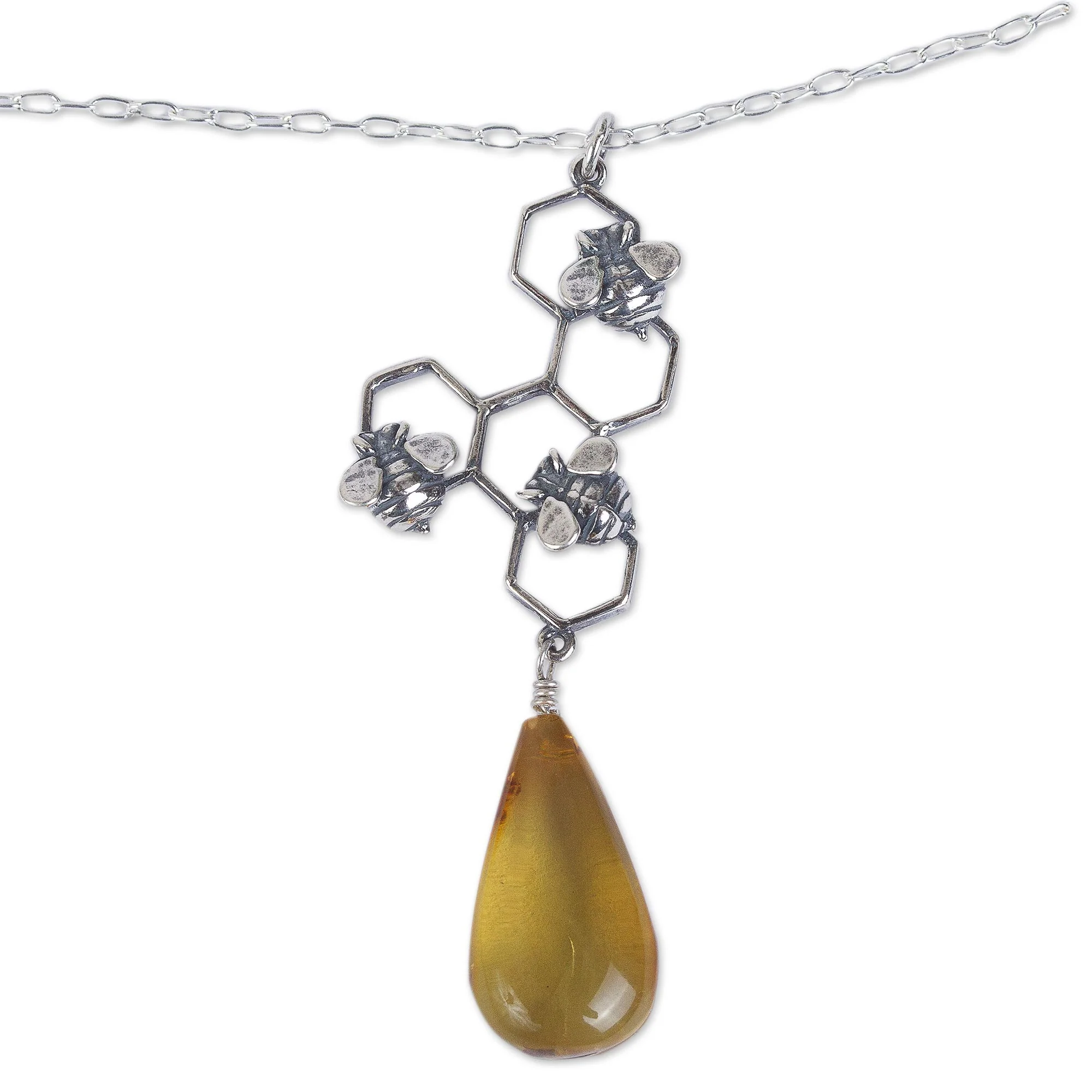 Sweet Honey Amber and Sterling Silver Bees in Honeycomb Necklace - Image 2