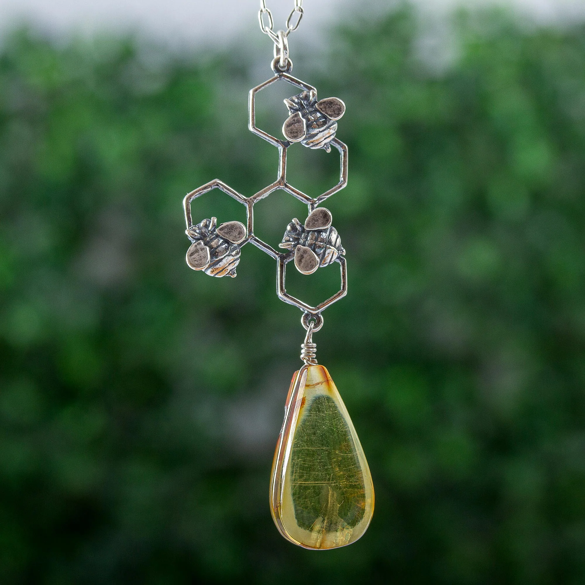 Sweet Honey Amber and Sterling Silver Bees in Honeycomb Necklace - Image 3