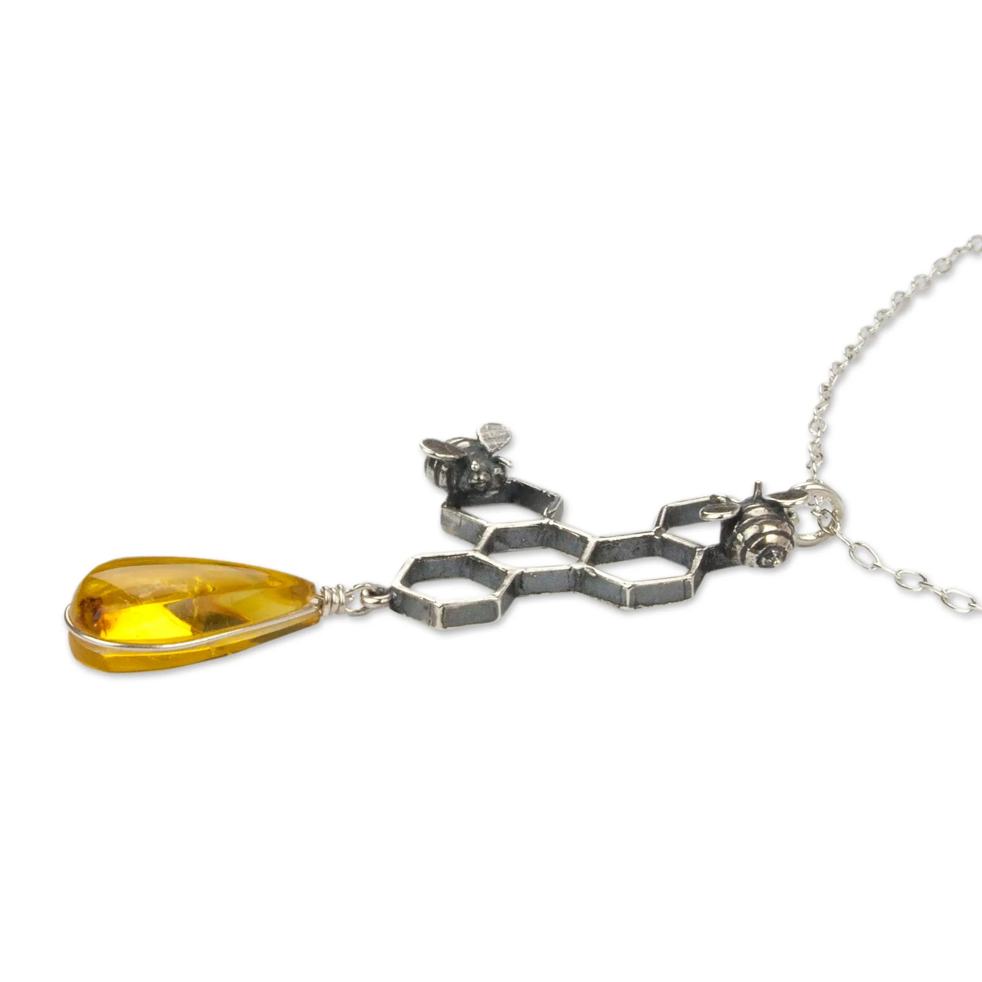 Sweet Honey Amber and Sterling Silver Bees in Honeycomb Necklace - Image 5