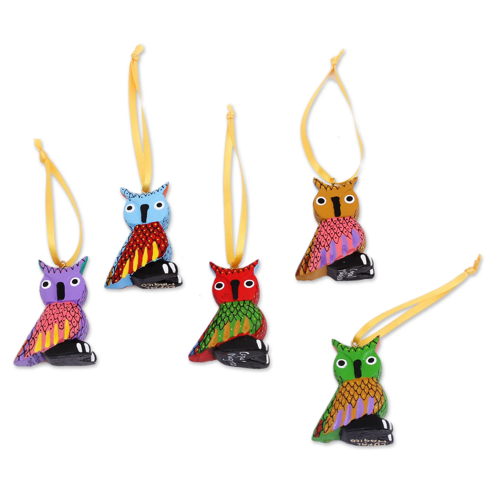 Sweet Owls Painted Wood Alebrije Owl Ornaments (Set of 5) from Mexico - Image 2
