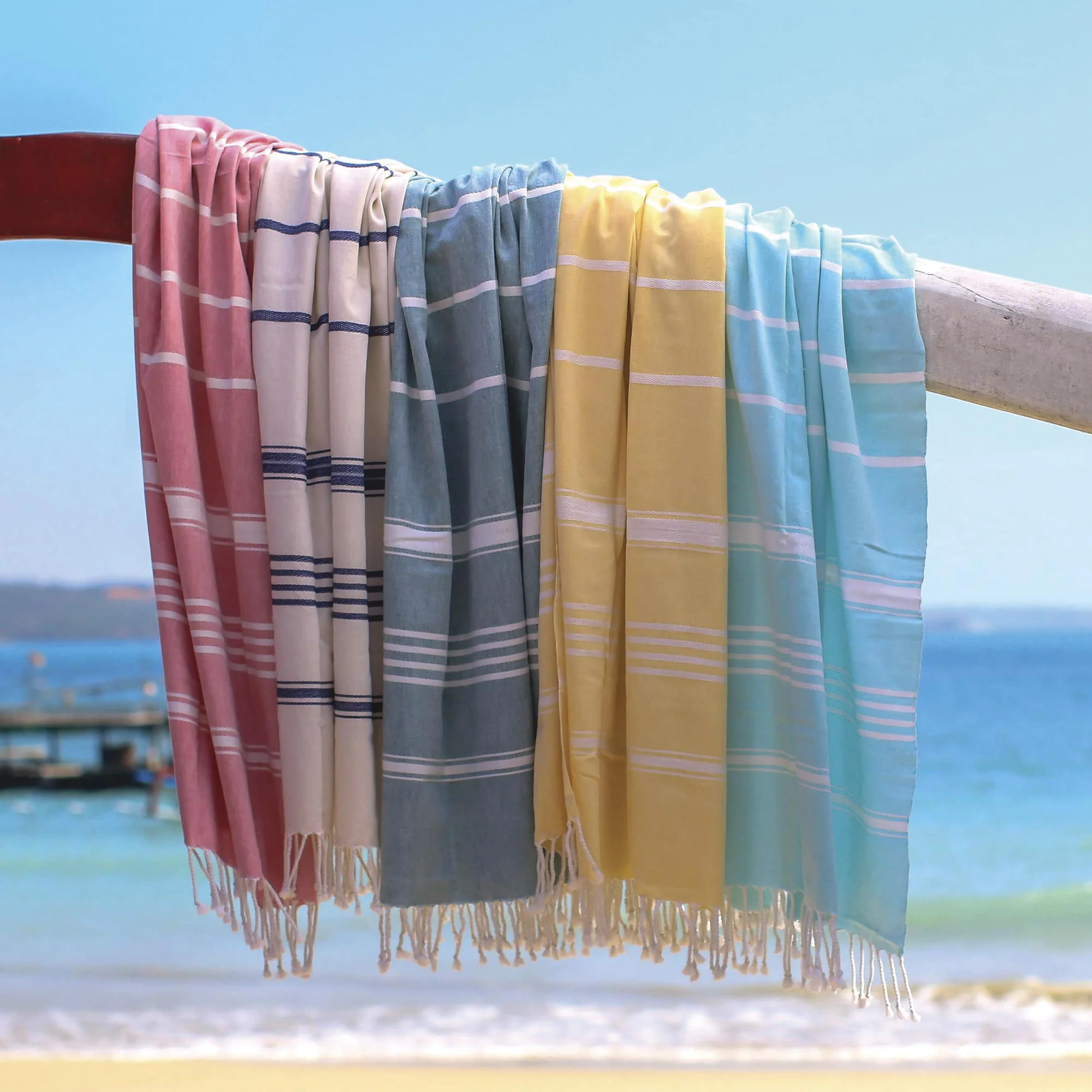 Sweet Relaxation in Snow White Snow White Cotton Beach Towel with Indigo Stripes - Image 3