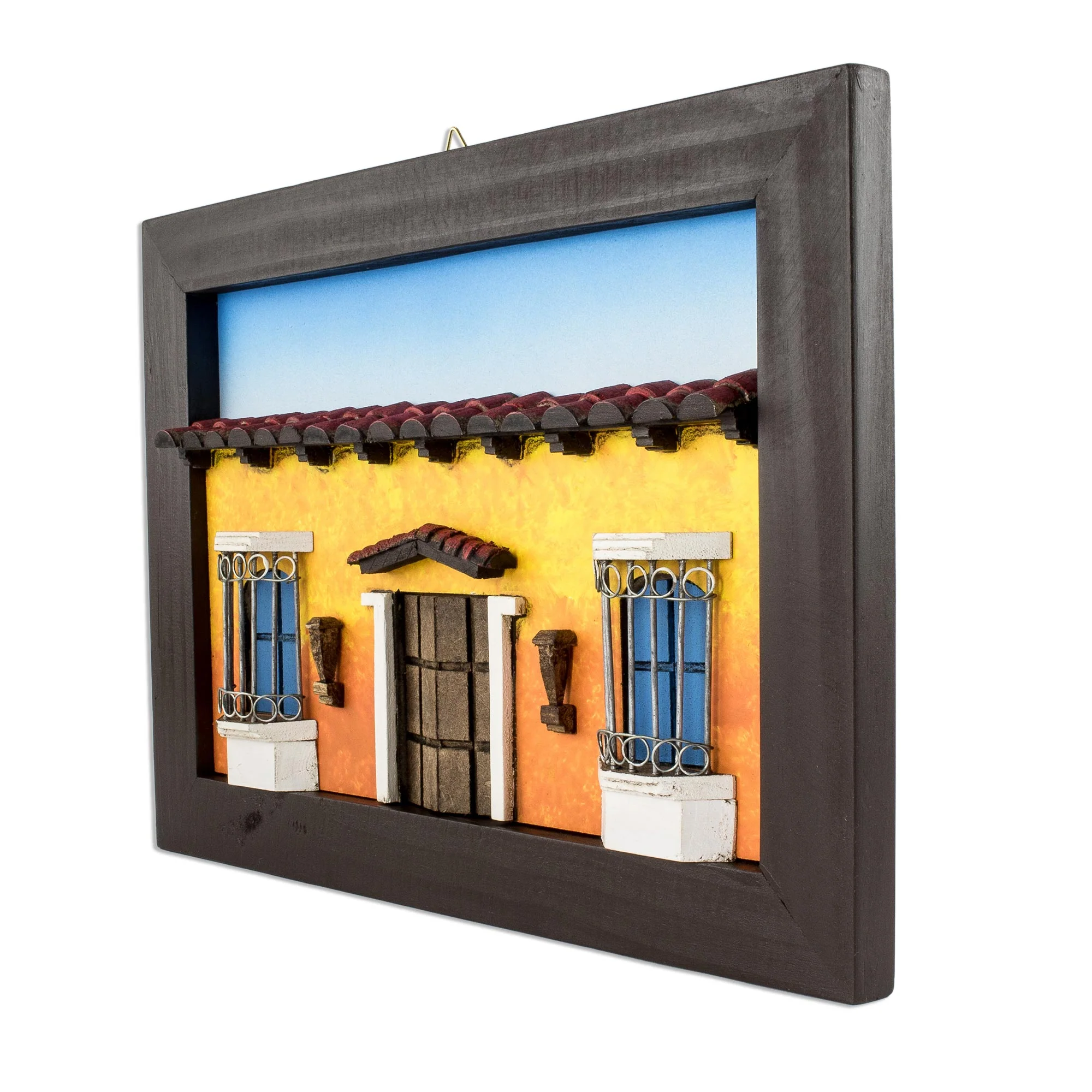 Sweet Salvadoran Home Framed Wood Low Relief Yellow House Facade Diorama - Image 3