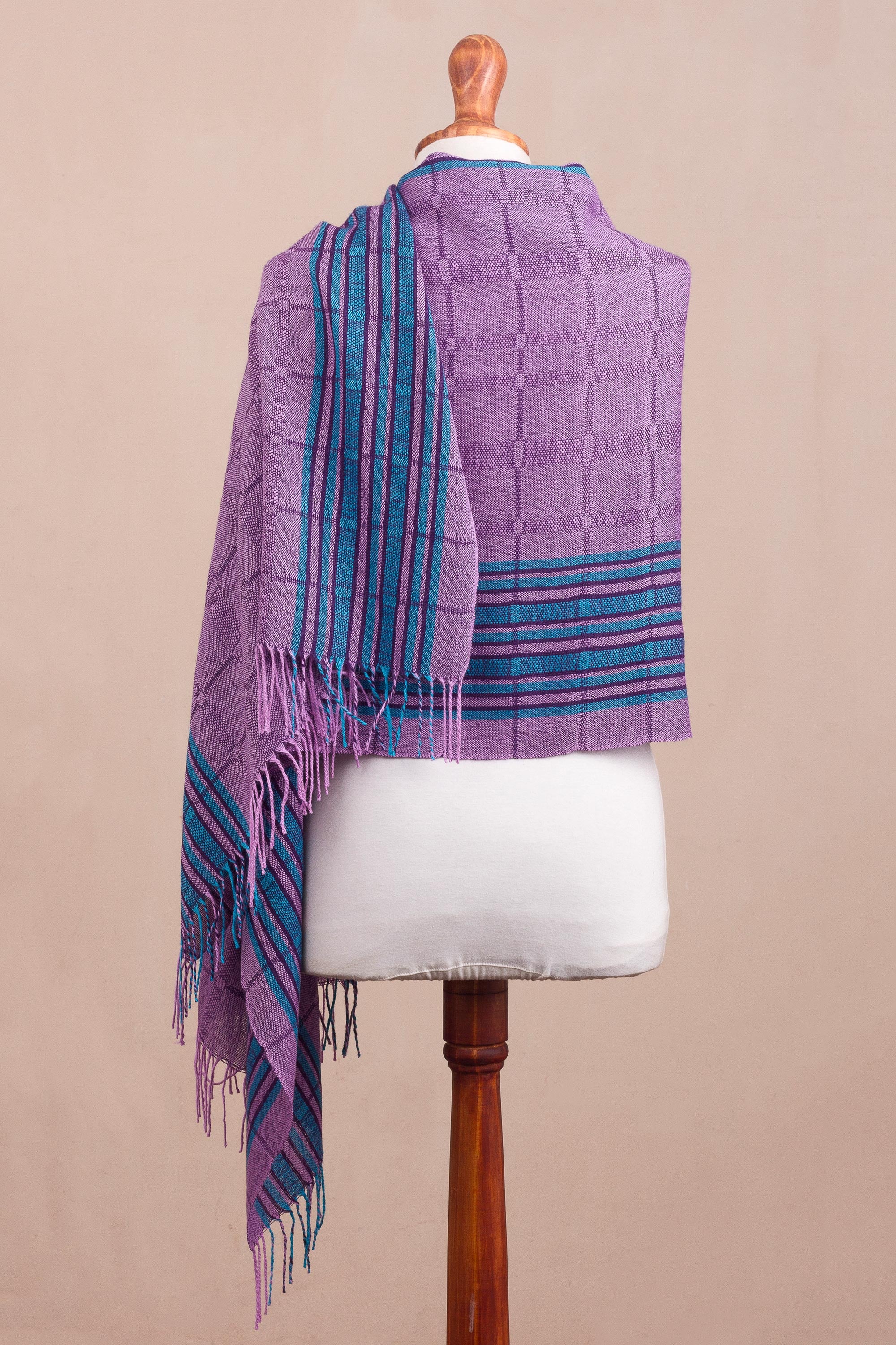 Sweet Temptation Purple and Turquoise Handwoven Baby Alpaca Shawl from Peru - Image 4