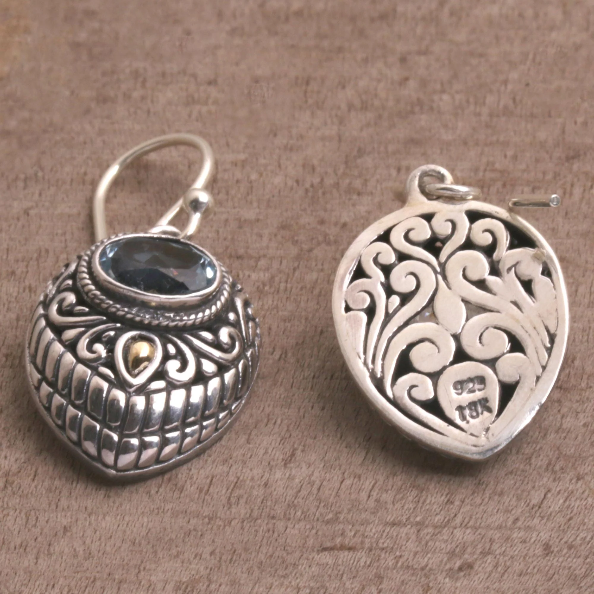 Swirling Crests Gold Accent Blue Topaz and 925 Silver Earrings from Bali - Image 4