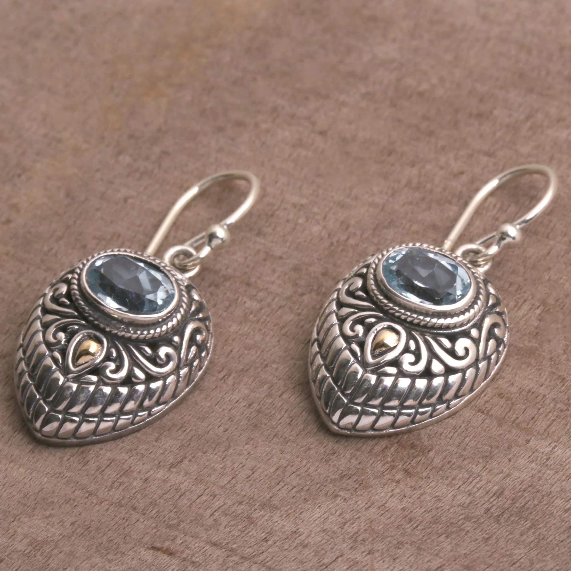 Swirling Crests Gold Accent Blue Topaz and 925 Silver Earrings from Bali - Image 5