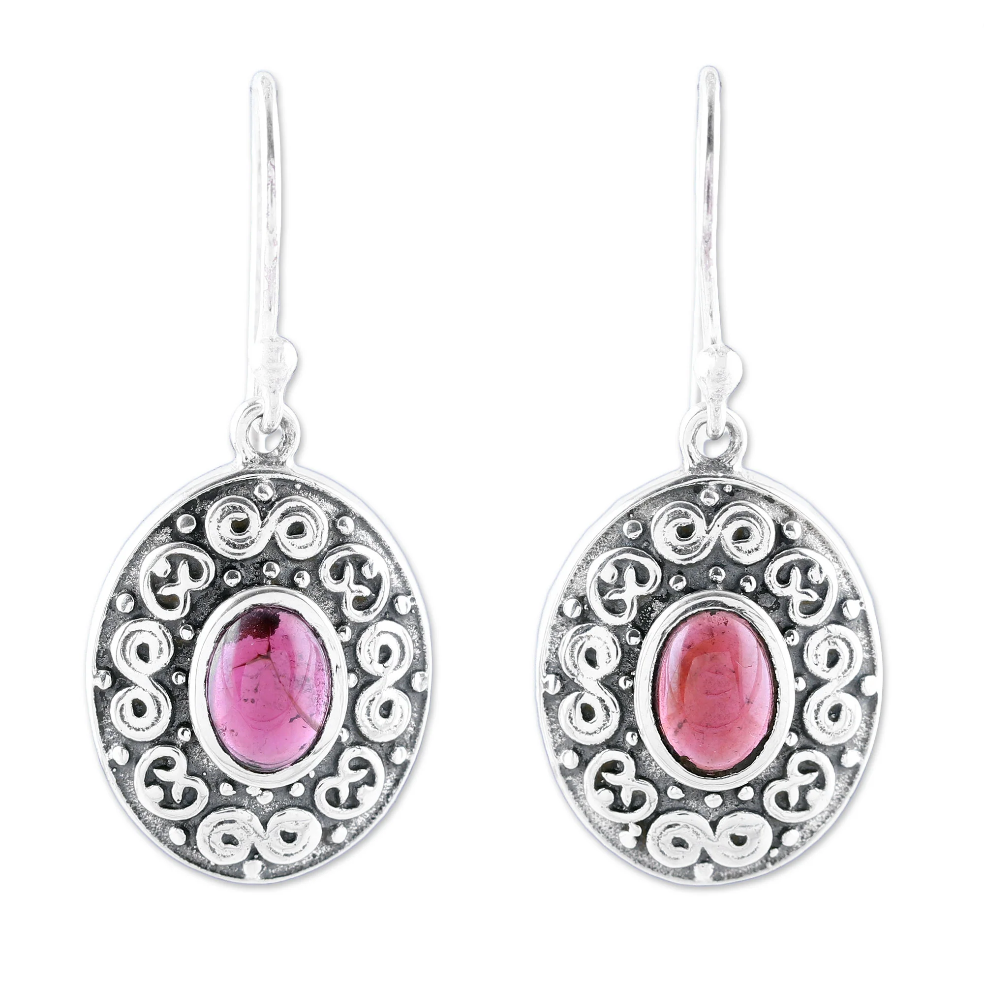 Swirling Ellipse Swirl Motif Oval Garnet Dangle Earrings from India - Image 2