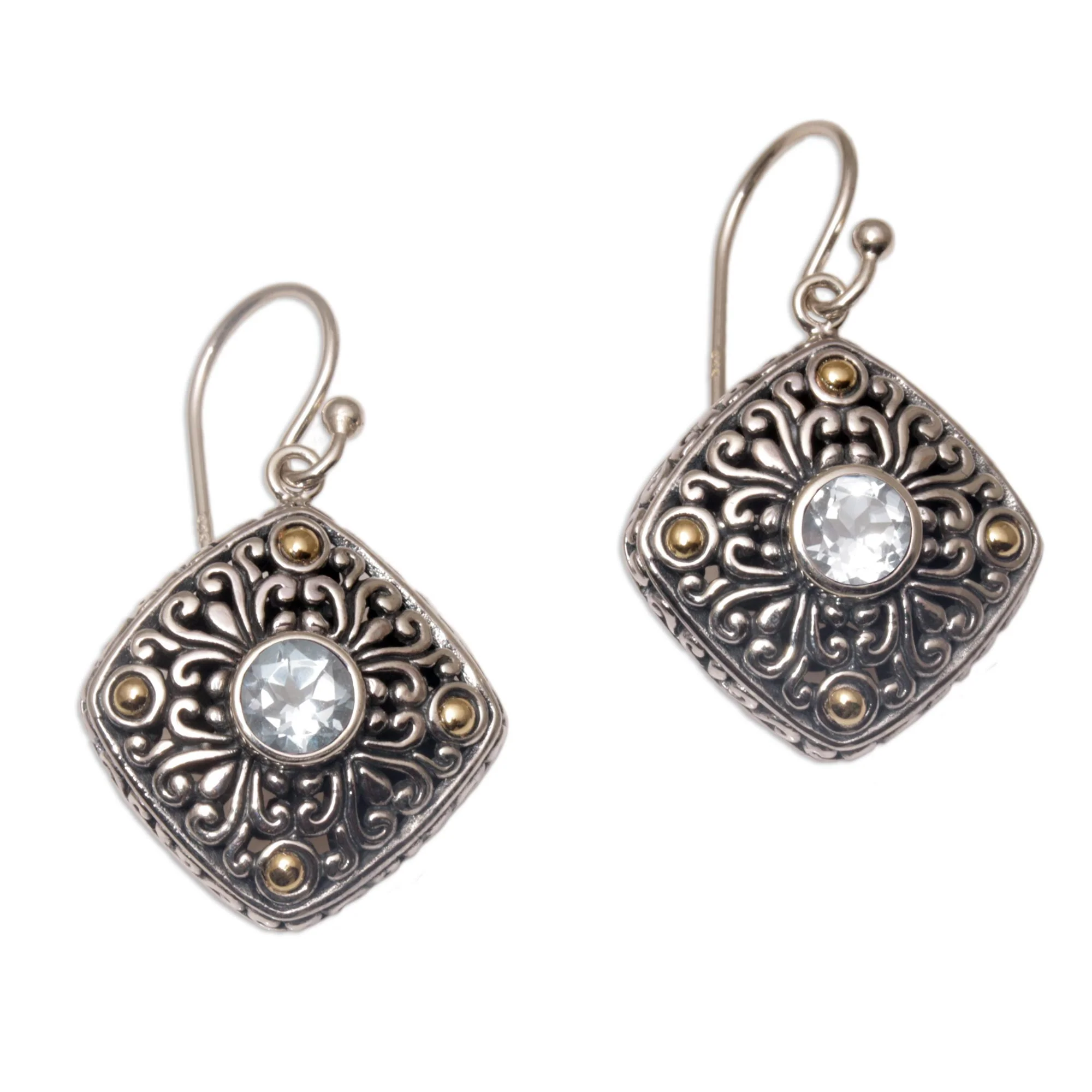 Swirling Facade Gold Accent Blue Topaz Swirl Motif Dangle Earrings from Bali - Image 2