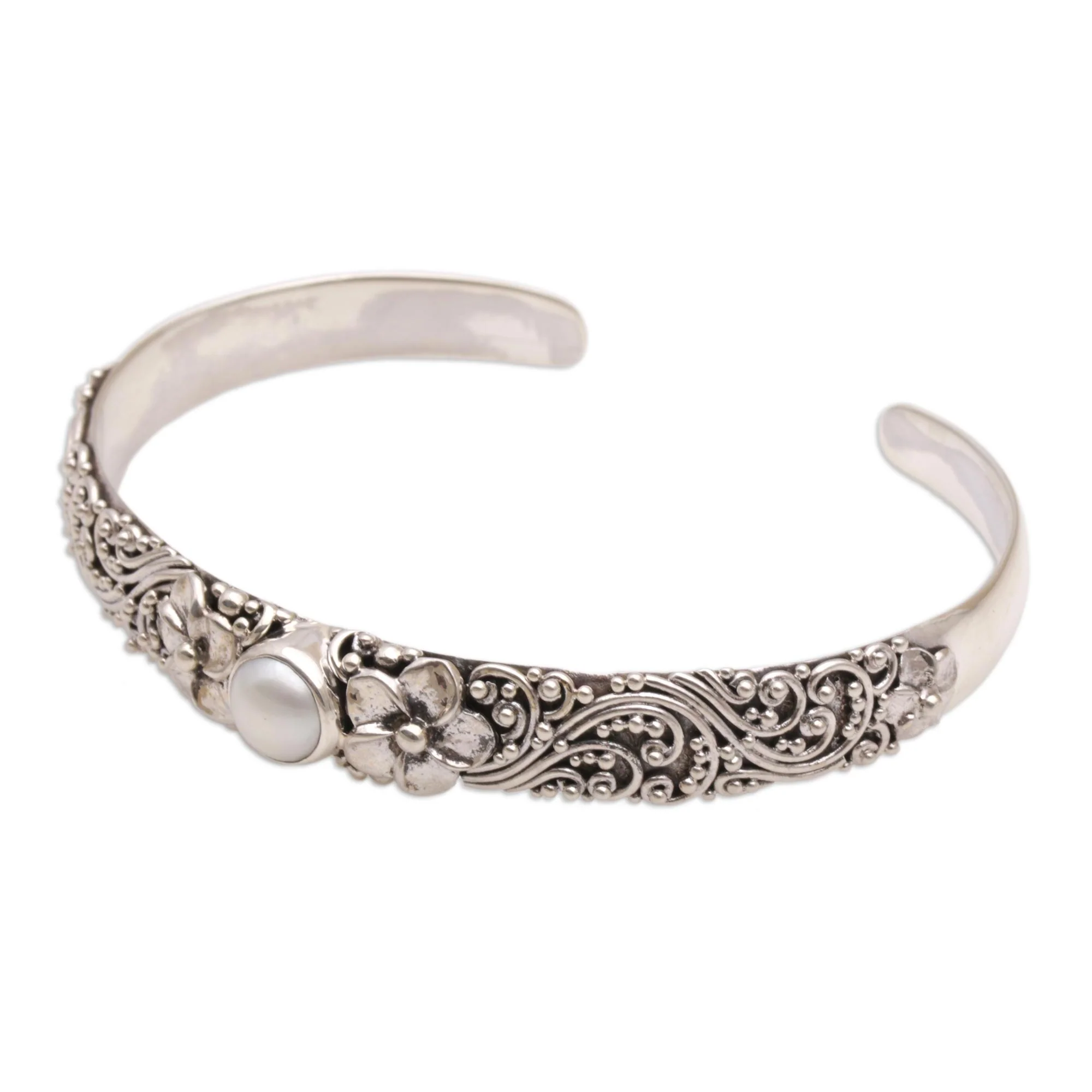 Swirling Jepun Cultured Pearl and 925 Silver Floral Cuff Bracelet from Bali - Image 5