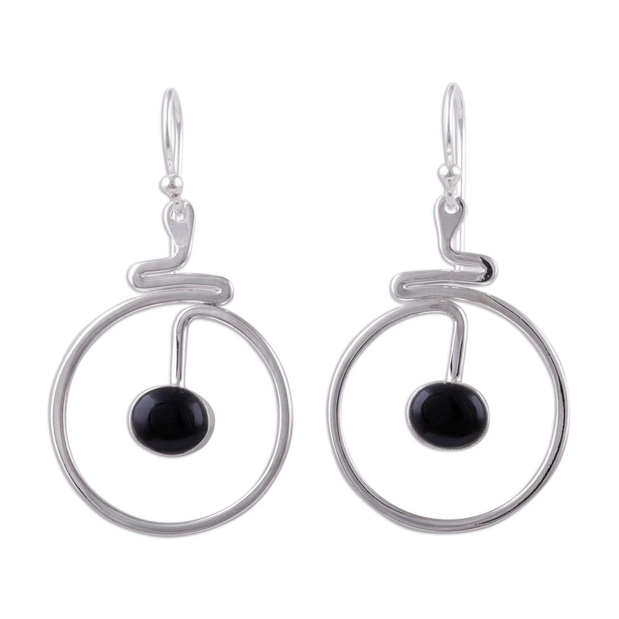Swirling Moons Round Black Obsidian Dangle Earrings from Peru - Image 2