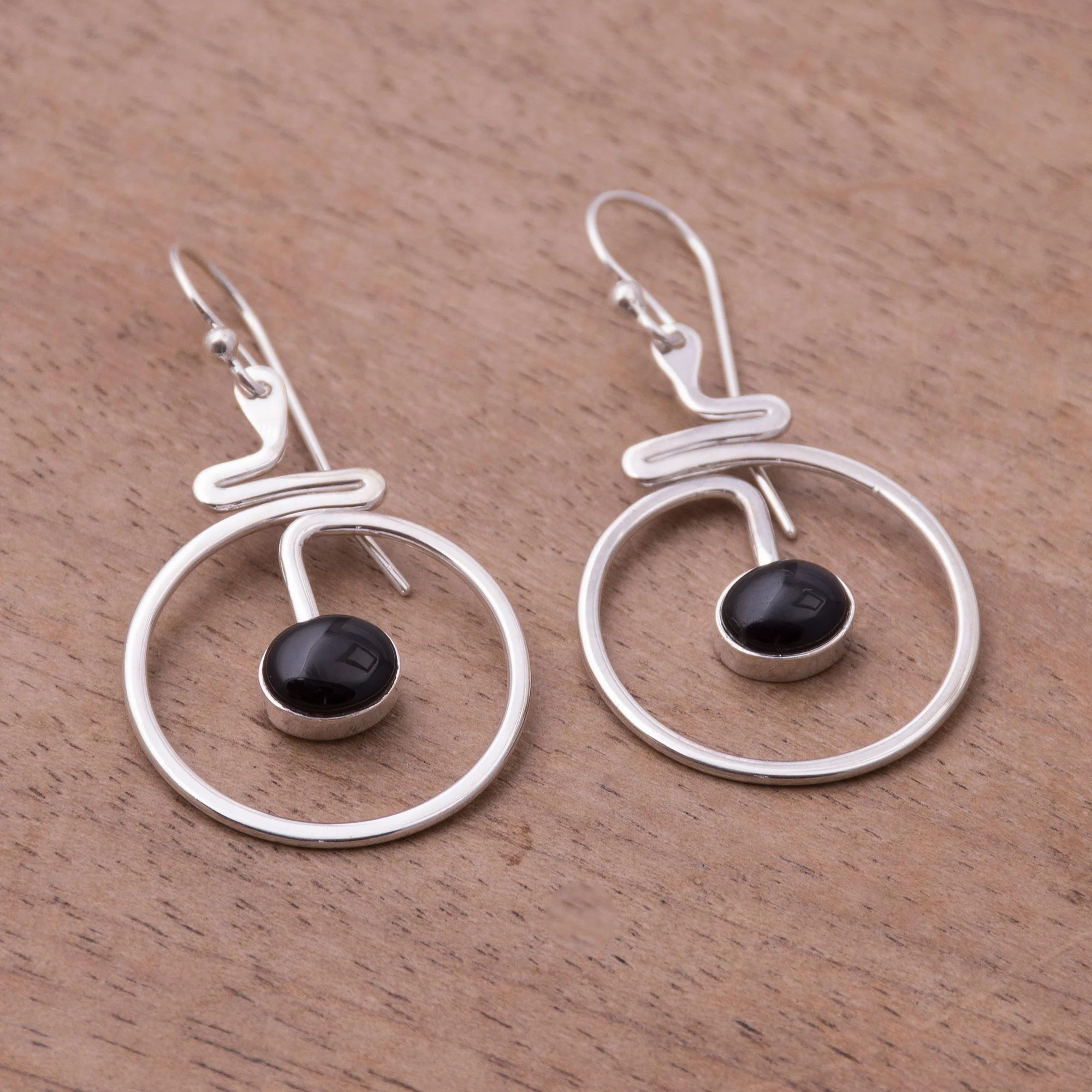Swirling Moons Round Black Obsidian Dangle Earrings from Peru - Image 3