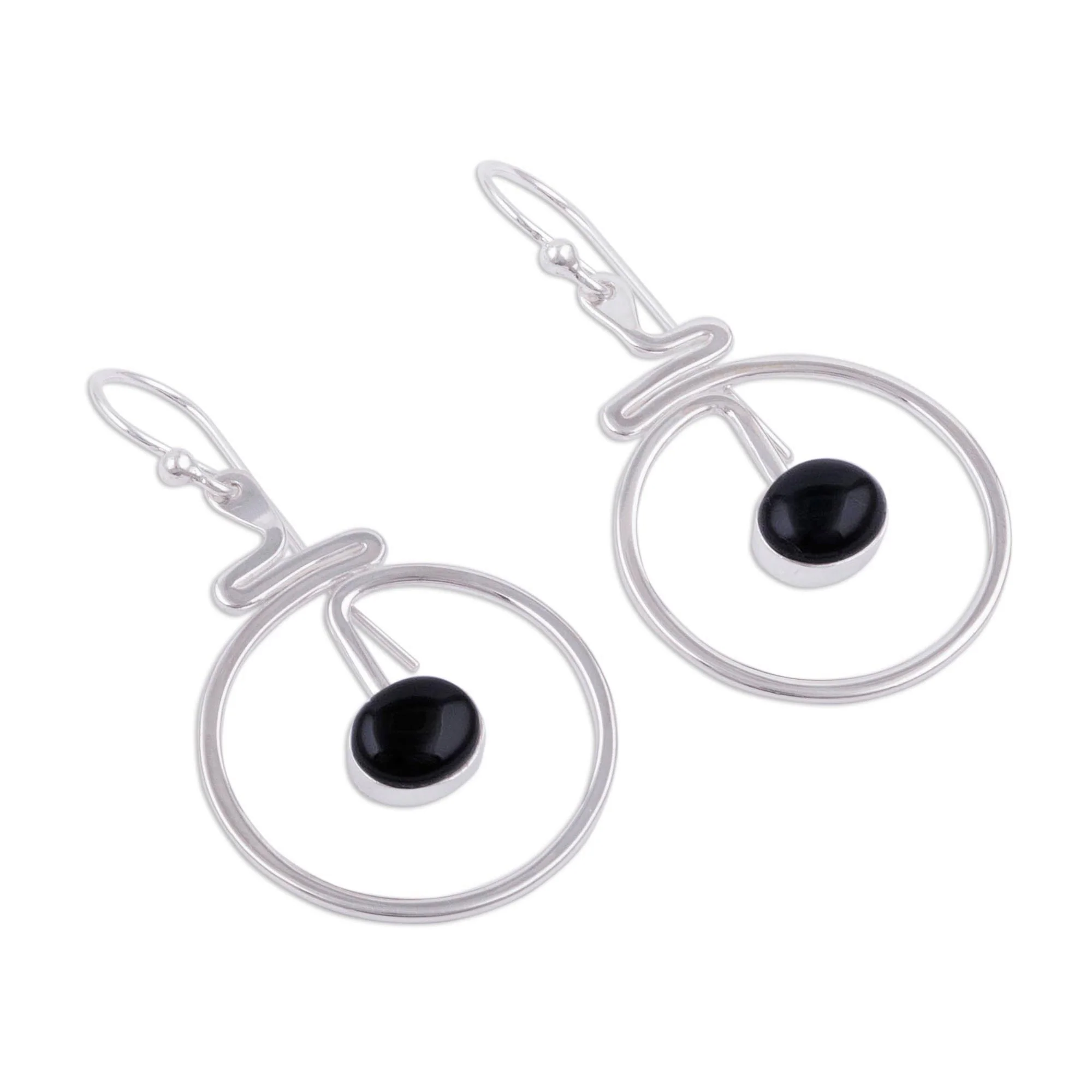 Swirling Moons Round Black Obsidian Dangle Earrings from Peru - Image 4