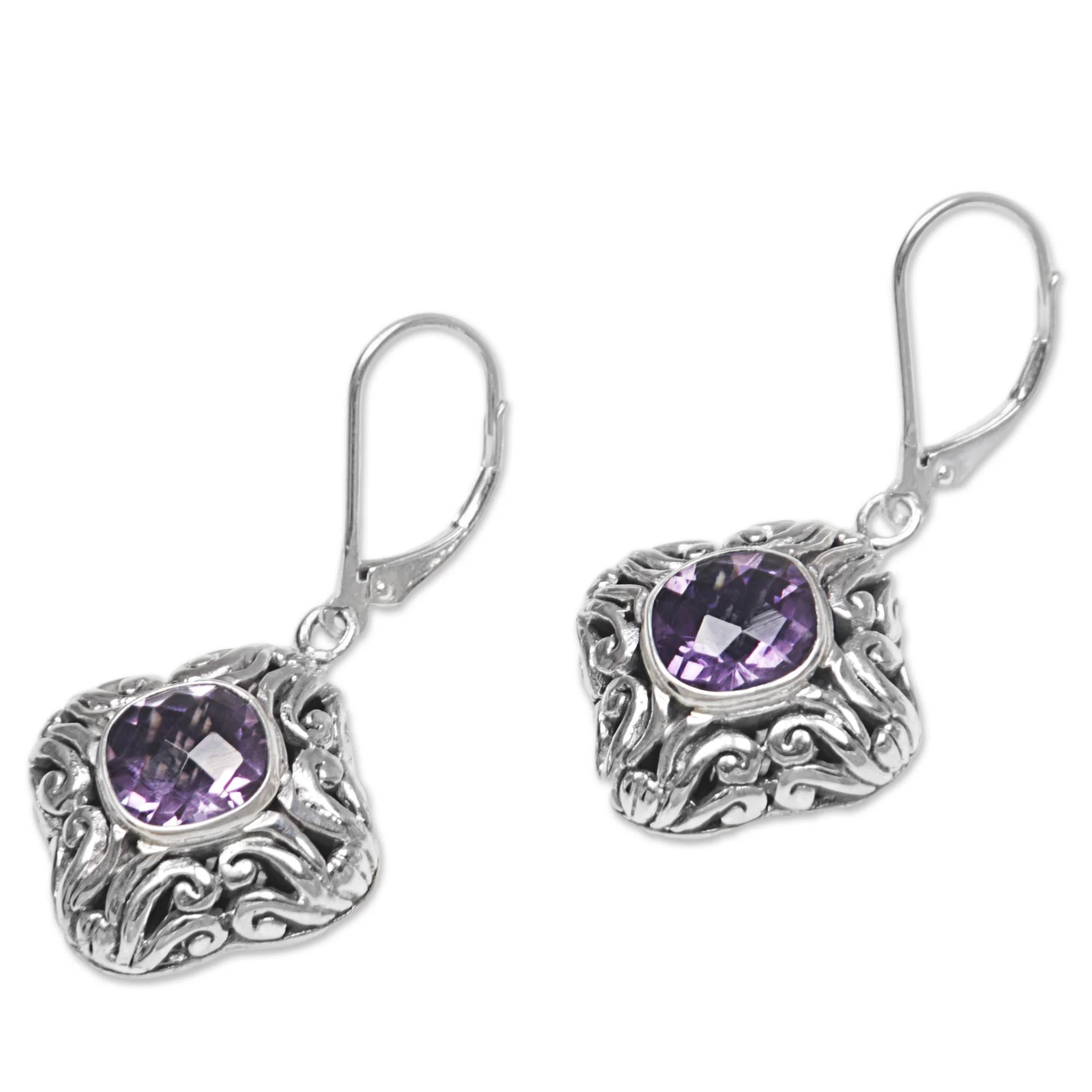 Swirling Purple Amethyst and Sterling Silver Dangle Earrings from Indonesia - Image 4