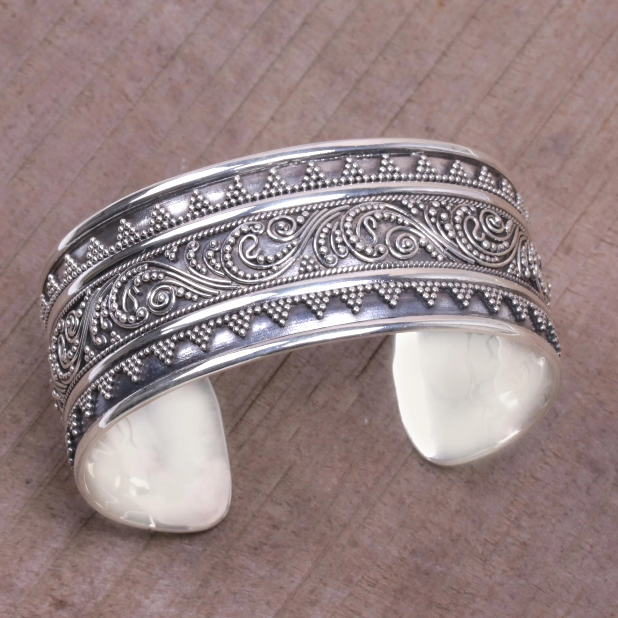 Swirling Temple Sterling Silver Swirl Motif Cuff Bracelet from Bali - Image 3