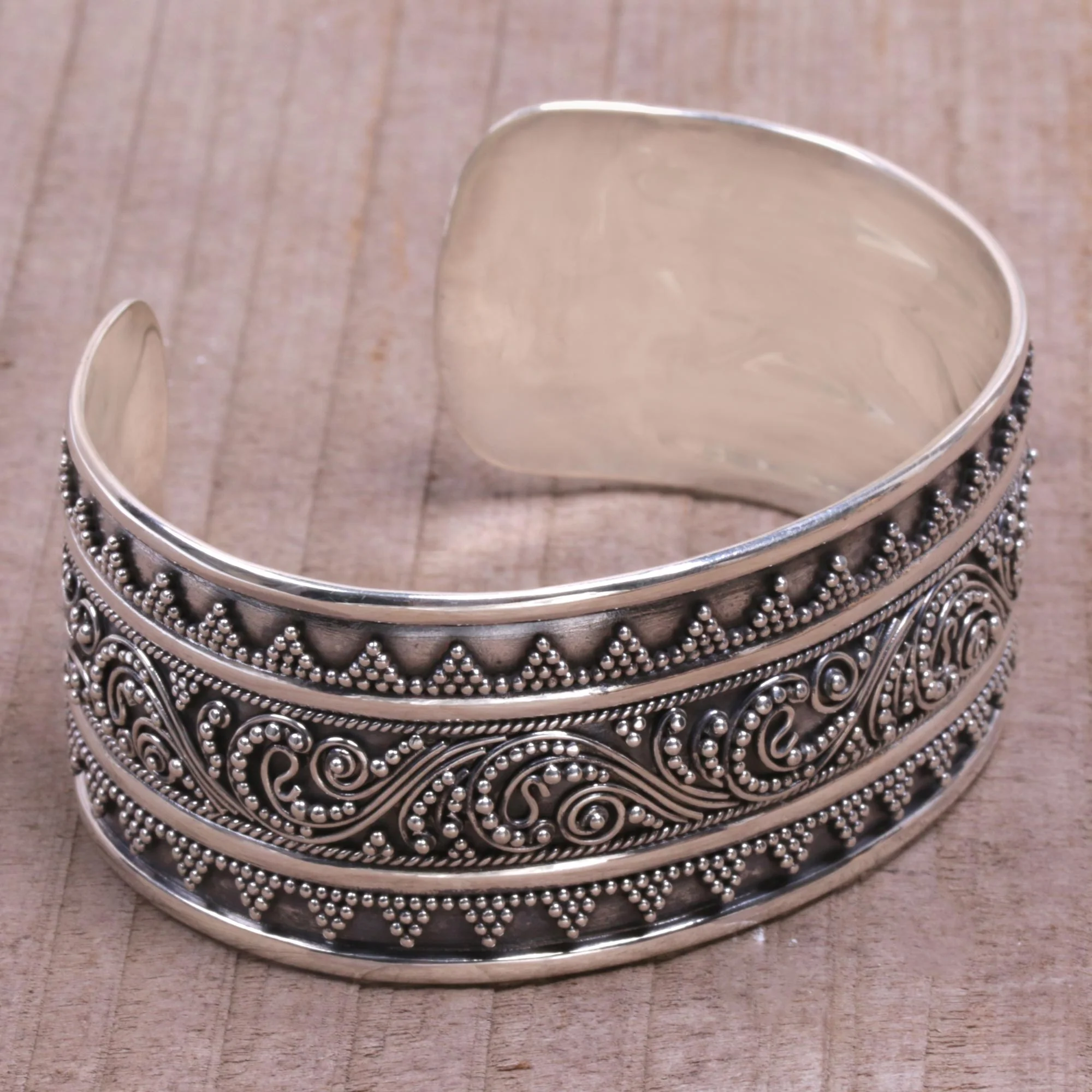 Swirling Temple Sterling Silver Swirl Motif Cuff Bracelet from Bali - Image 4