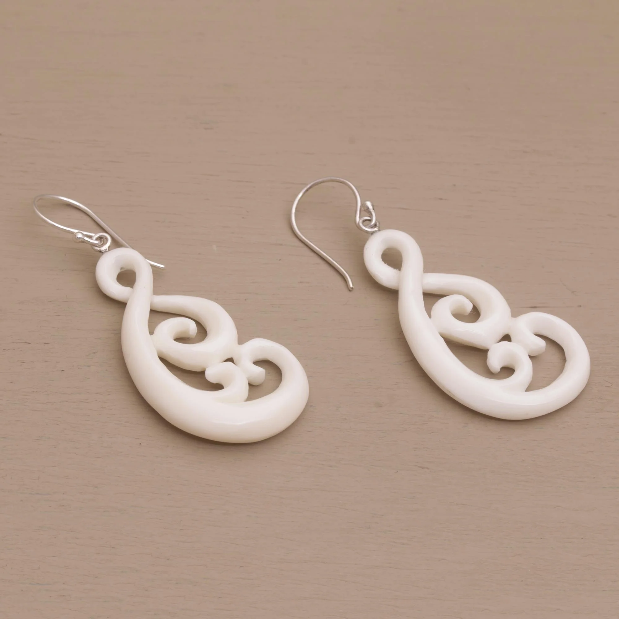Swirly Vines Handcrafted Bone Dangle Earrings from Bali - Image 3
