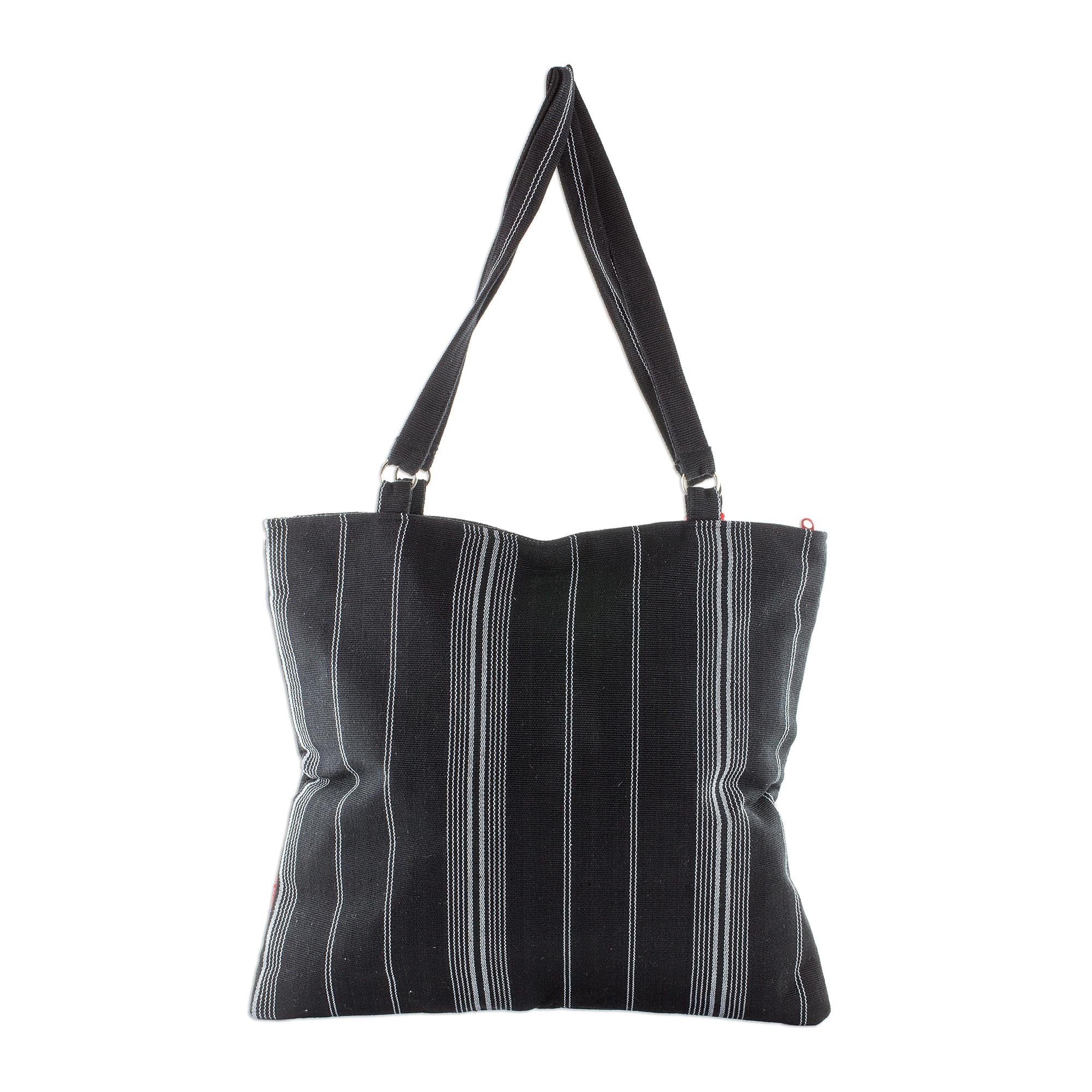 Tactic Stripes on Black Handwoven Black Cotton Shoulder Bag from Guatemala - Image 4
