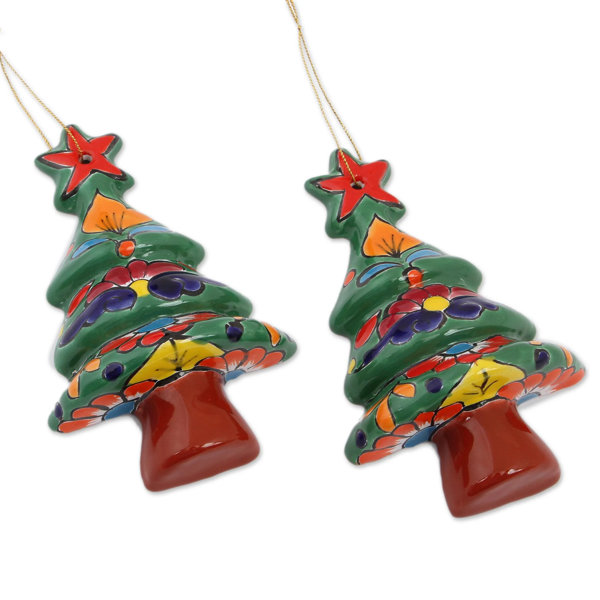 Talavera Celebration Floral Ceramic Christmas Tree Ornaments from Mexico (Pair) - Image 2
