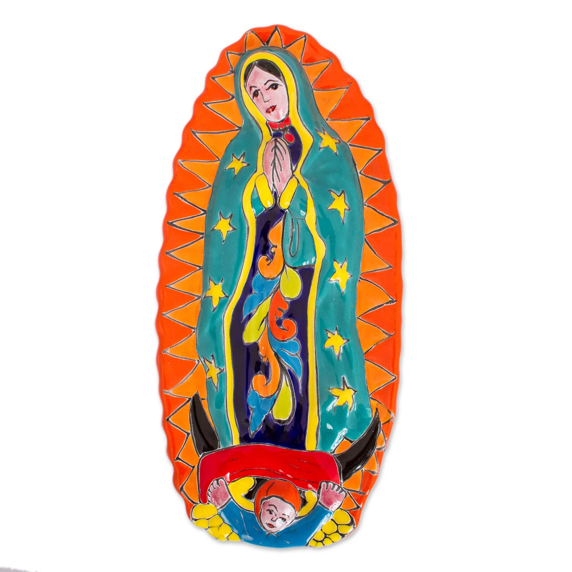 Talavera Guadalupe in Orange Talavera-Style Ceramic Wall Sculpture of the Virgin Mary - Image 2