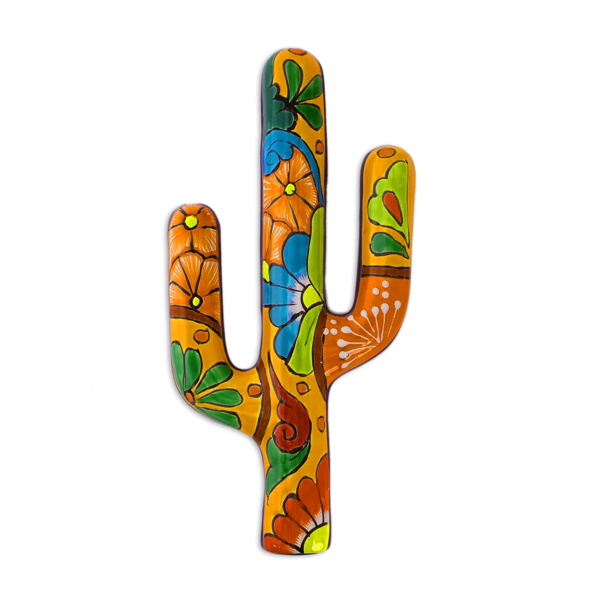 Talavera Saguaro Hand-Painted Cactus Talavera-Style Ceramic Wall Sculpture - Image 2