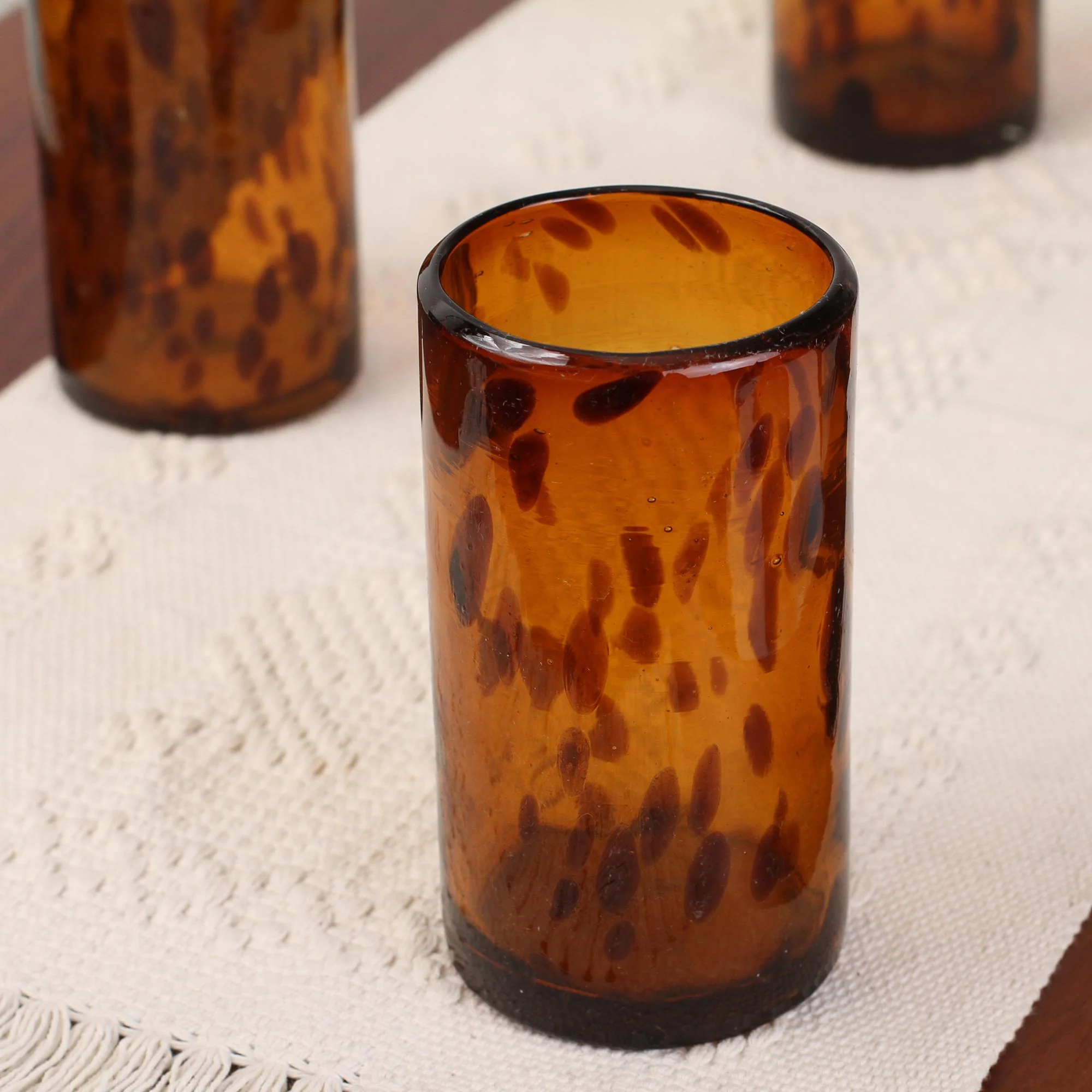 Tall Tortoise Shell Six Water Glasses Handblown Recycled Glass Drinkware Mexico - Image 3