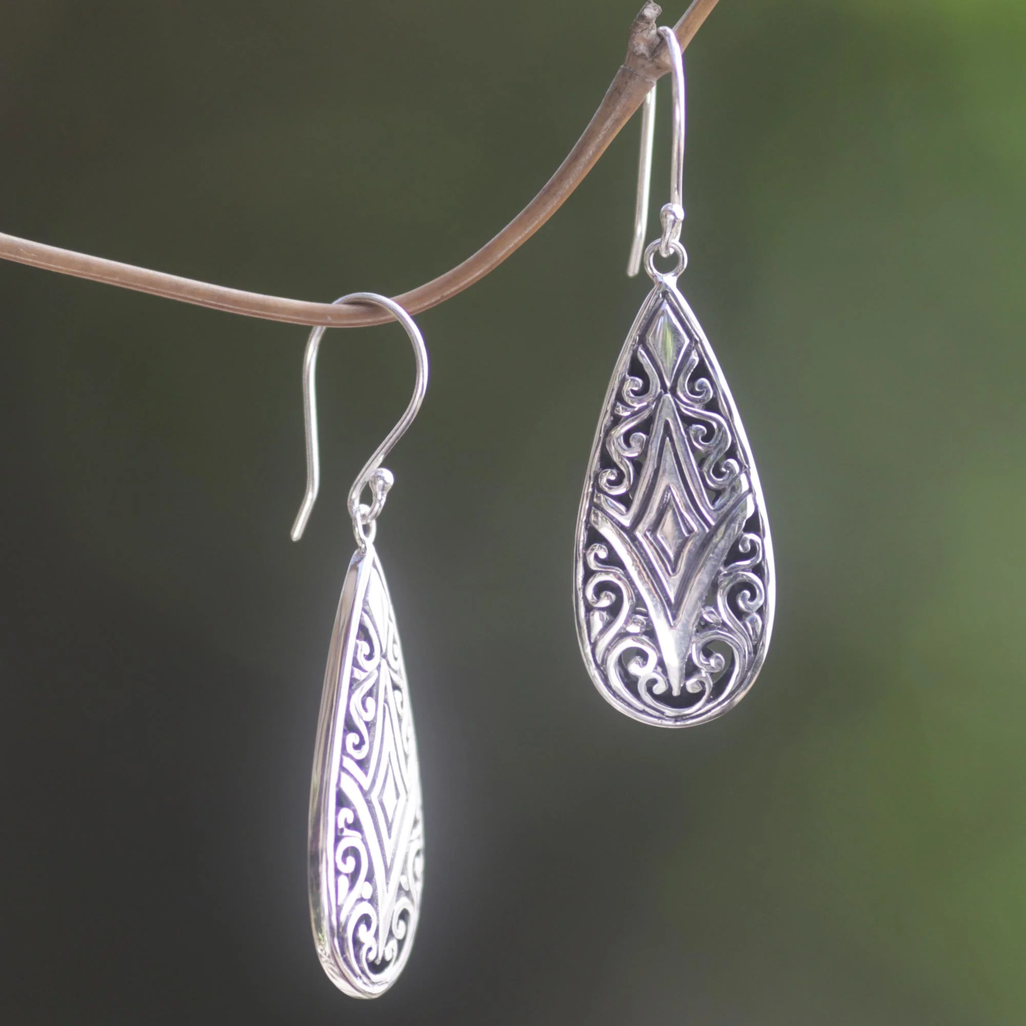 Tamiang Drop Brilliant Sterling Silver Earrings WIth Balinese Motifs - Image 3