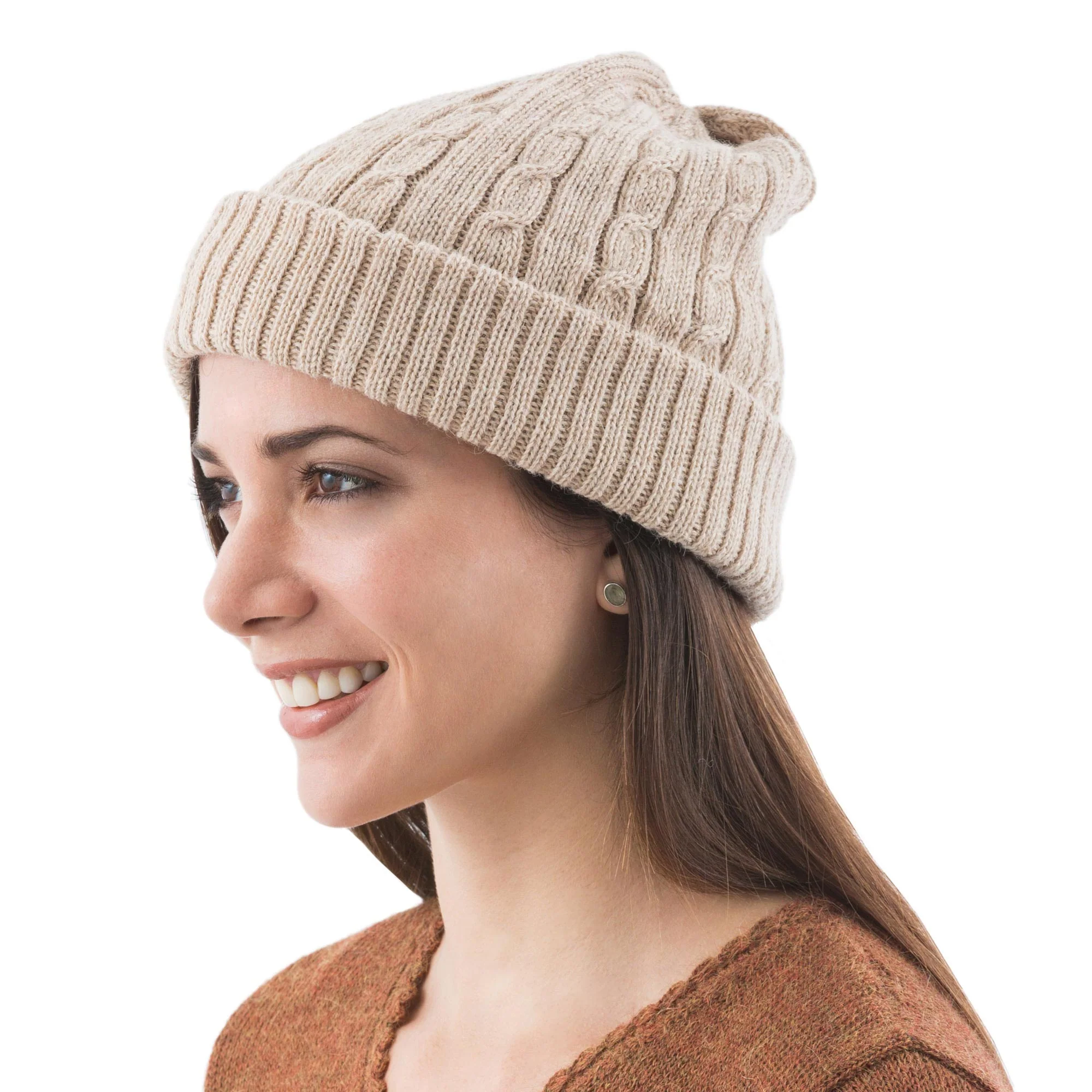 Tan Mountain Roads Unique Womens Alpaca Wool Solid Knit Hat - Image 3