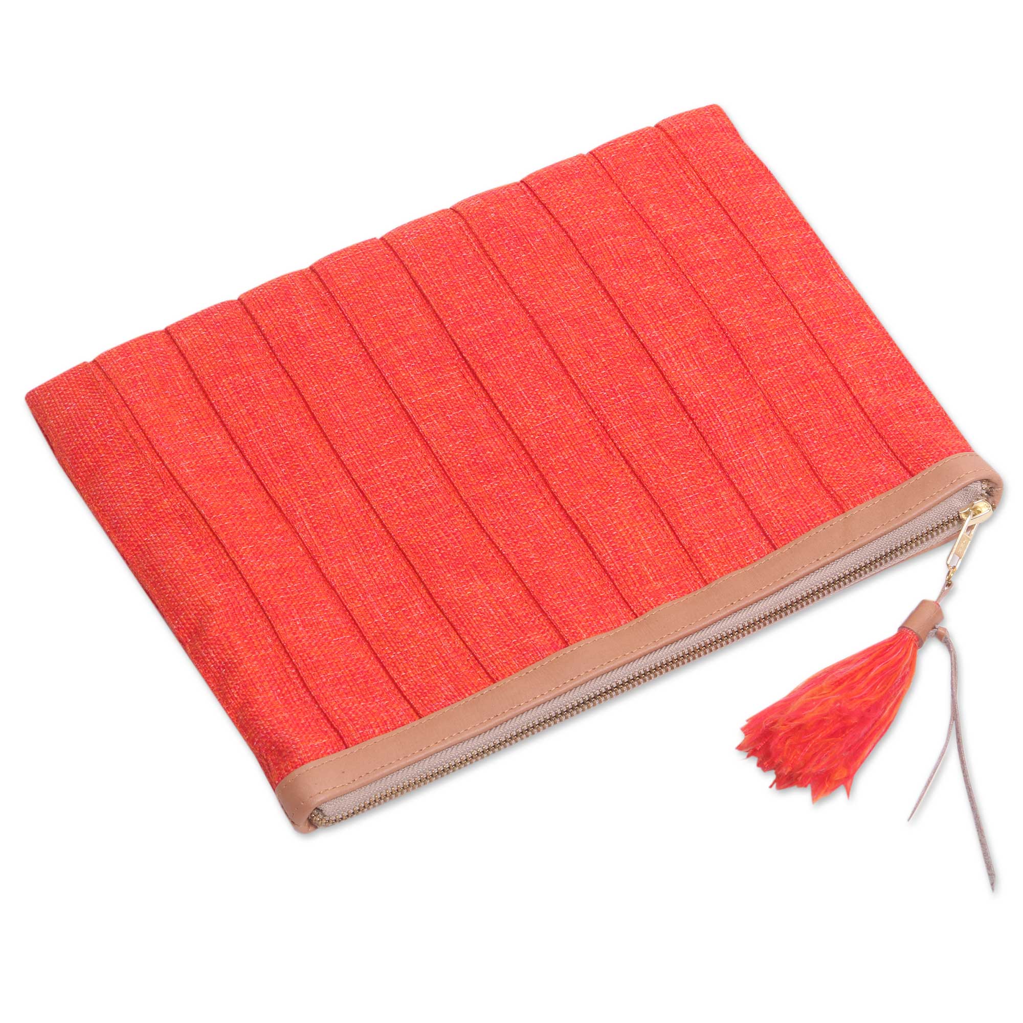 Tangerine Evening Leather Trim Tangerine Cotton Clutch Crafted in Java - Image 3
