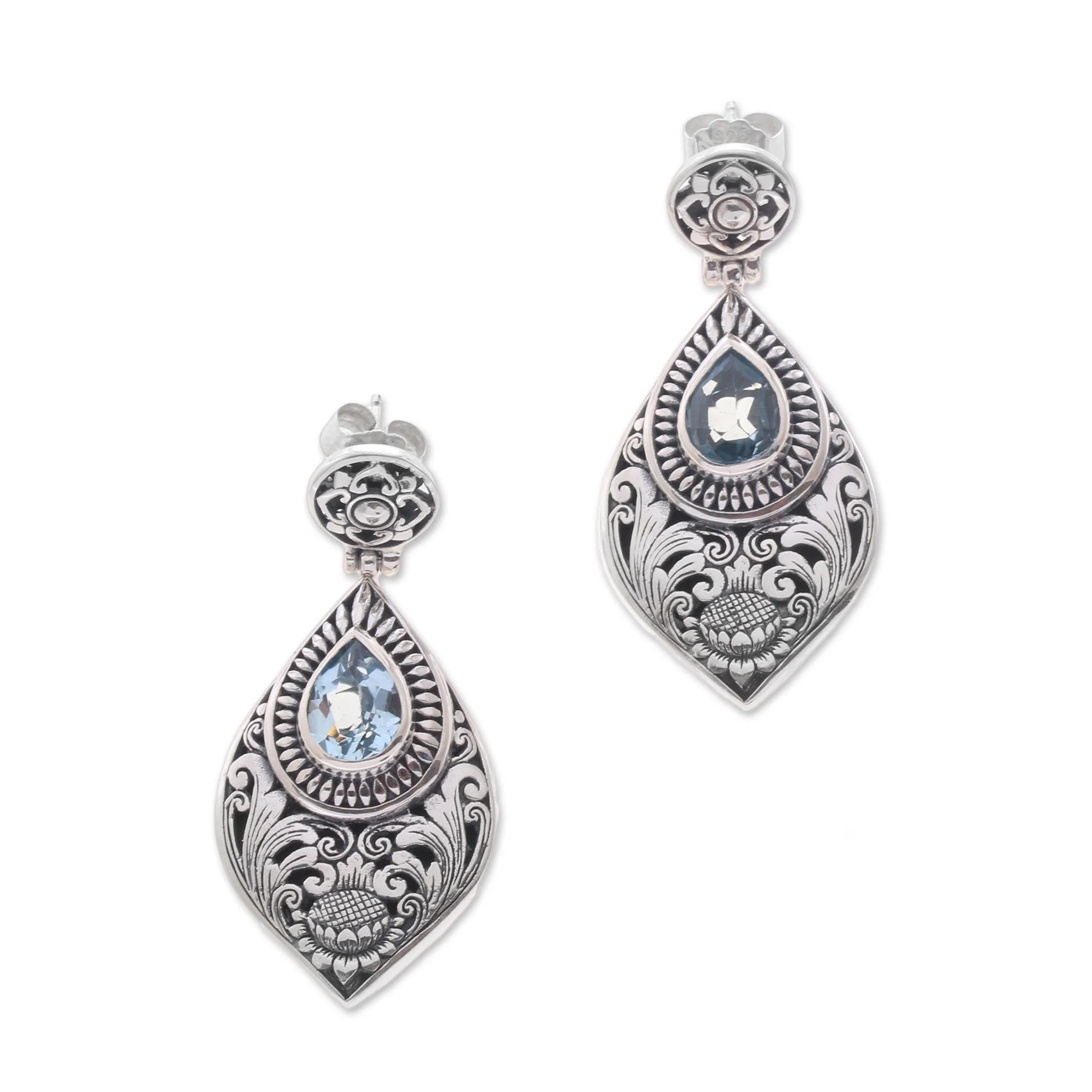 Tari Lotus Blue Topaz & Silver Dangle Earrings - Image 3