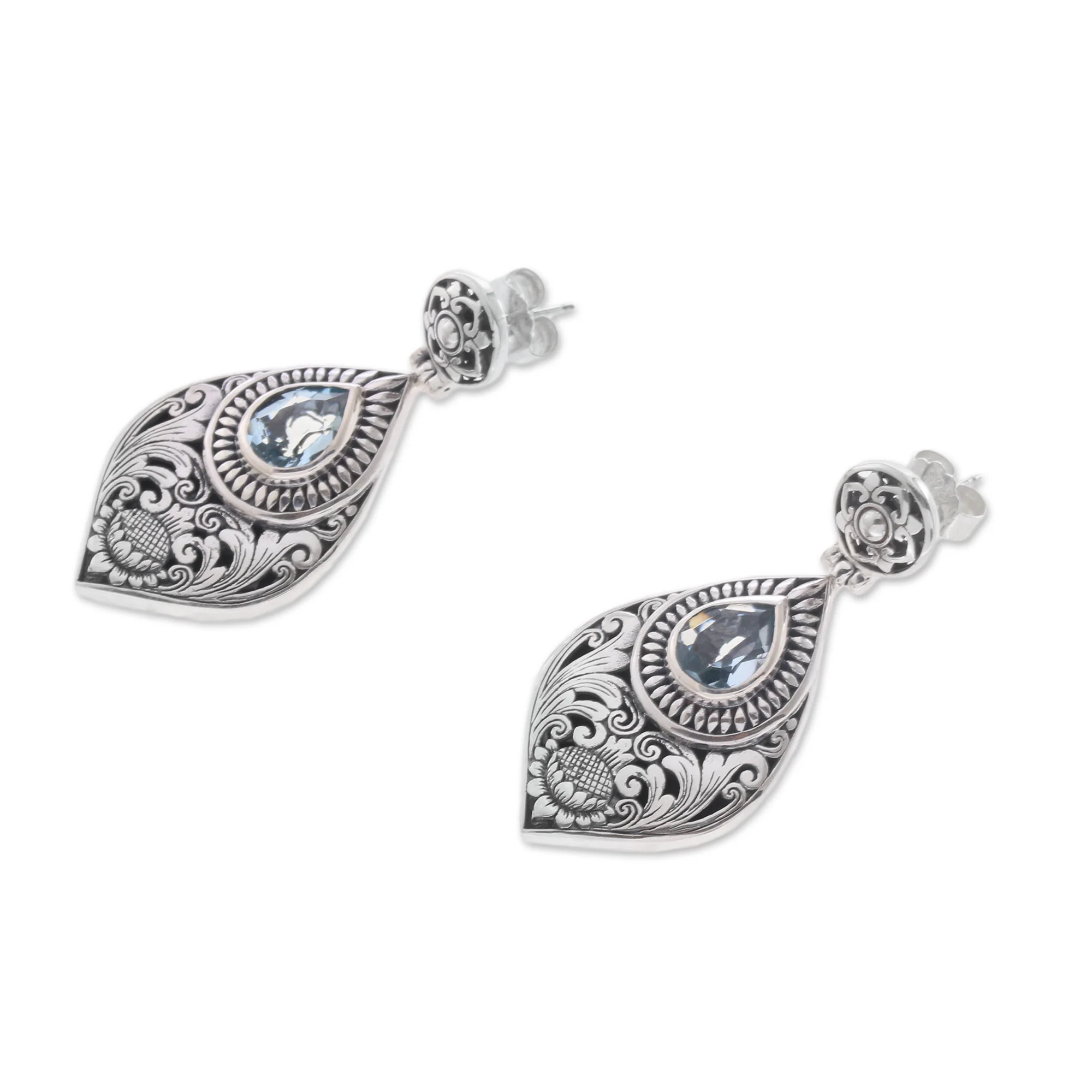 Tari Lotus Blue Topaz & Silver Dangle Earrings - Image 4