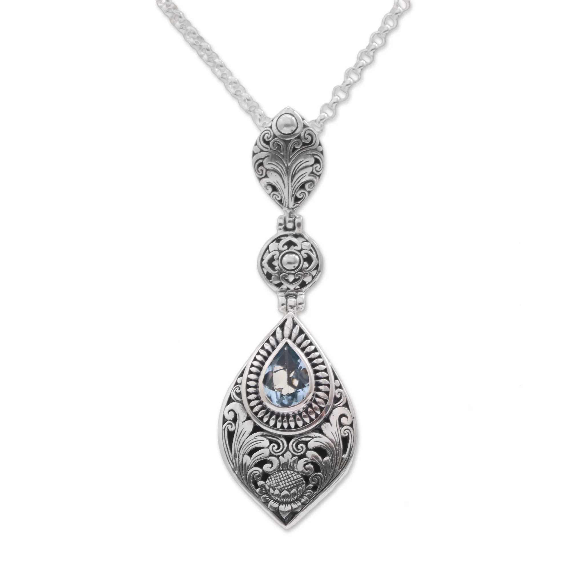 Tari Lotus Floral Blue Topaz Pendant Necklace from Bali - Image 2