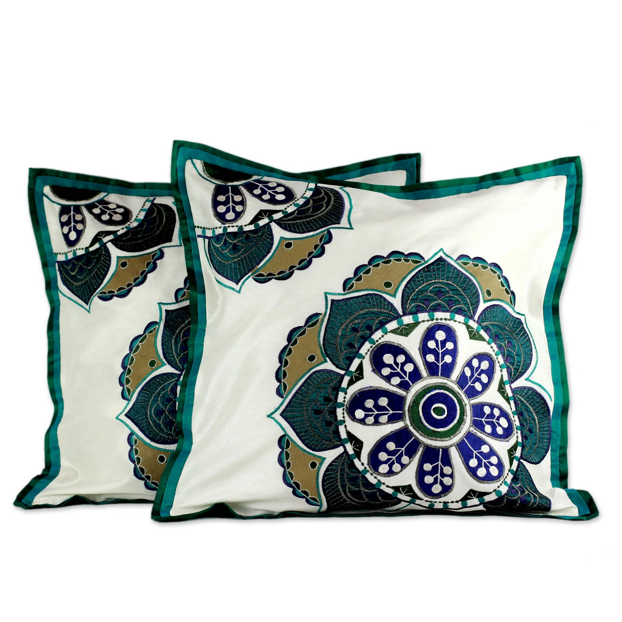 Teal Bouquet Hand Made Floral Patterned Cushion Covers (Pair) - Image 2